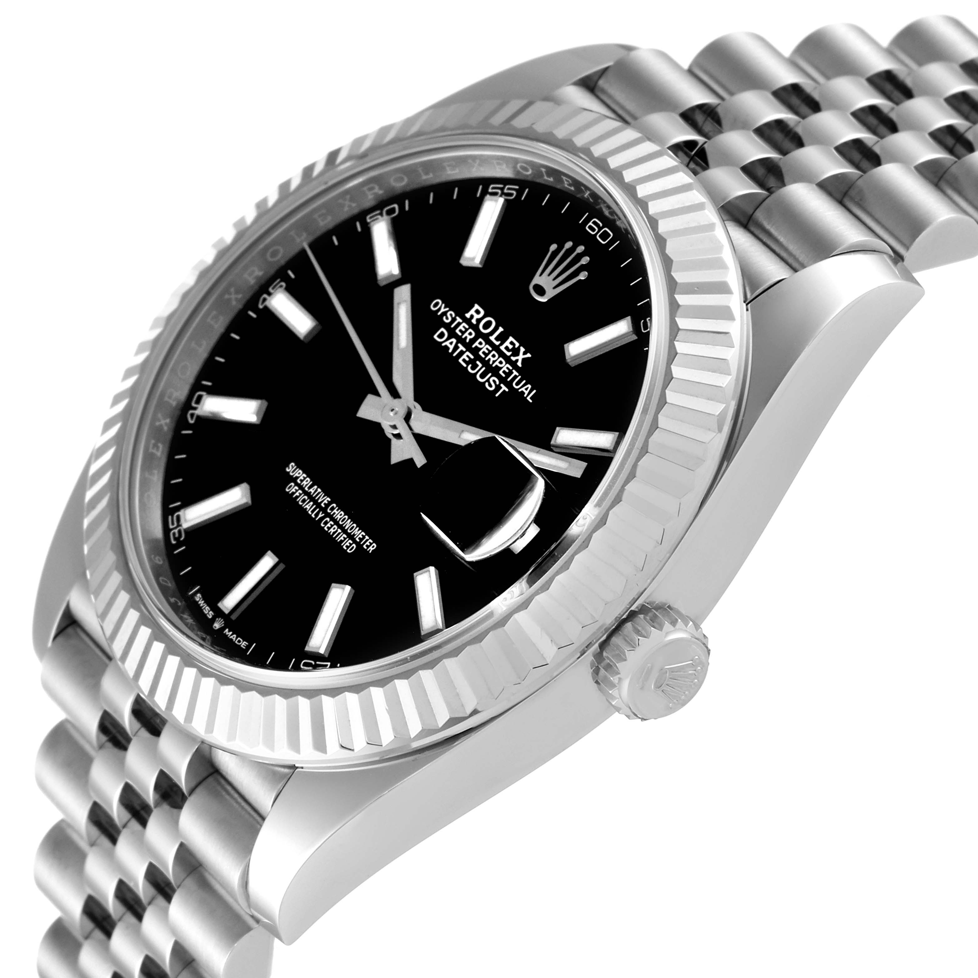 The Rolex Datejust 41 126334 Men's Stainless Steel Black Dial 126334 Men's Stainless Steel Black Dial model is shown from an oblique angle, highlighting the bezel, crown, bracelet, and black dial.