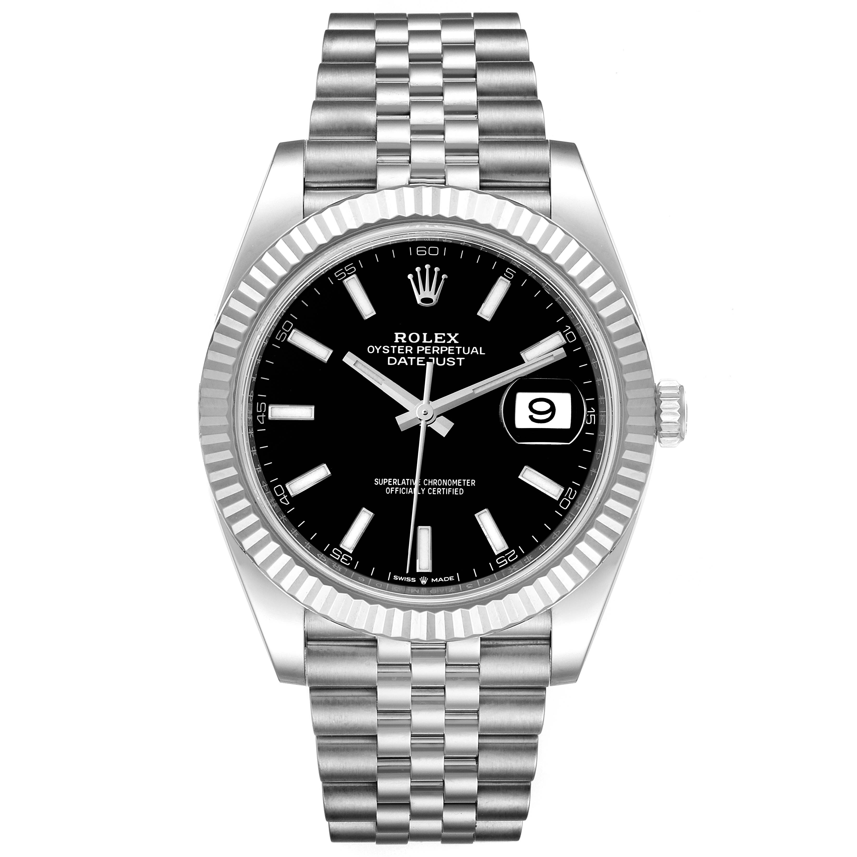 The image shows a Rolex Datejust 41 126334 Men's Stainless Steel Black Dial 126334 Men's Stainless Steel Black Dial model watch with a black dial and jubilee bracelet, viewed from the front.