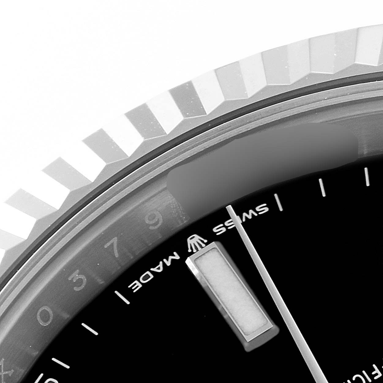 The image shows a close-up of the dial, bezel, and part of the hands of a Rolex Datejust 41 126334 Men's Stainless Steel Black Dial 126334 Men's Stainless Steel Black Dial watch.