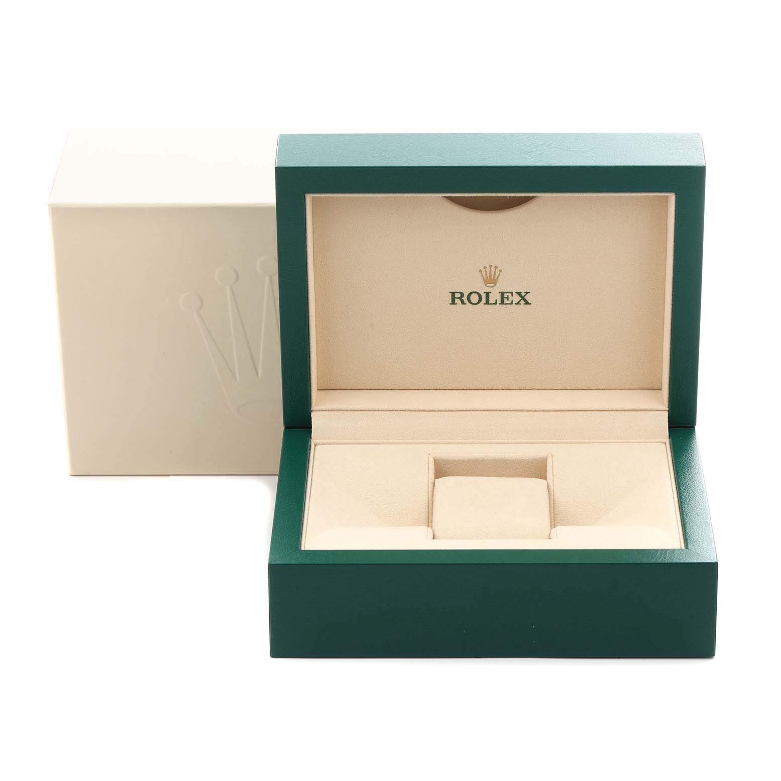 The image shows a Rolex Datejust 41 126333 Men
s Steel and Gold (two tone) Grey Dial 126333 Men
s Steel and Gold (two tone) Grey Dial watch box, viewed from the front with the lid open, displaying its interior.