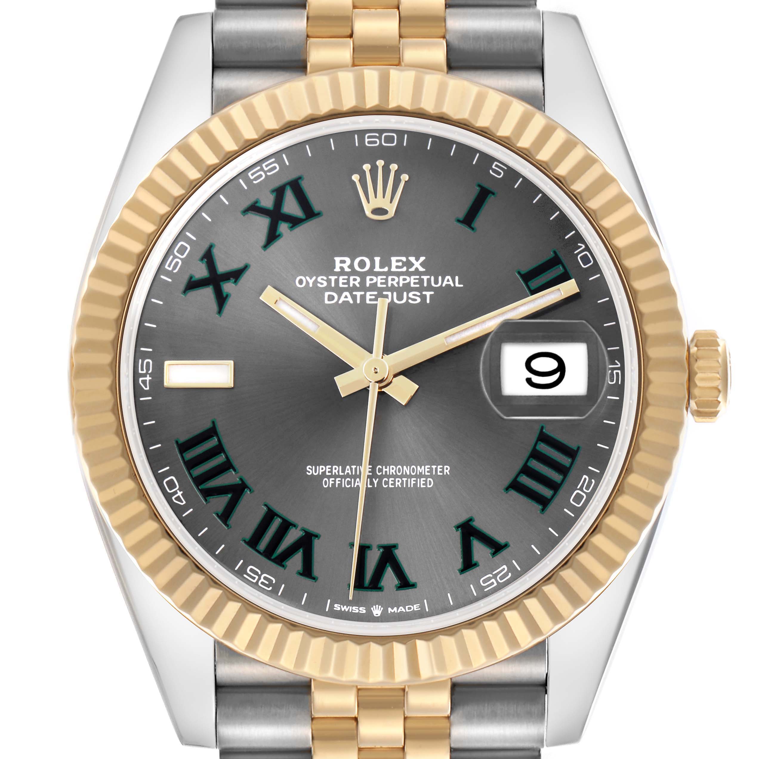 The Rolex Datejust 41 126333 Men
s Steel and Gold (two tone) Grey Dial 126333 Men
s Steel and Gold (two tone) Grey Dial is shown from the front, highlighting its dial, bezel, and part of the bracelet.