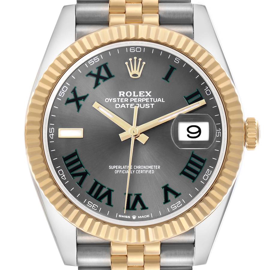 The Rolex Datejust 41 is shown from the front, highlighting its dial, bezel, and part of the bracelet.