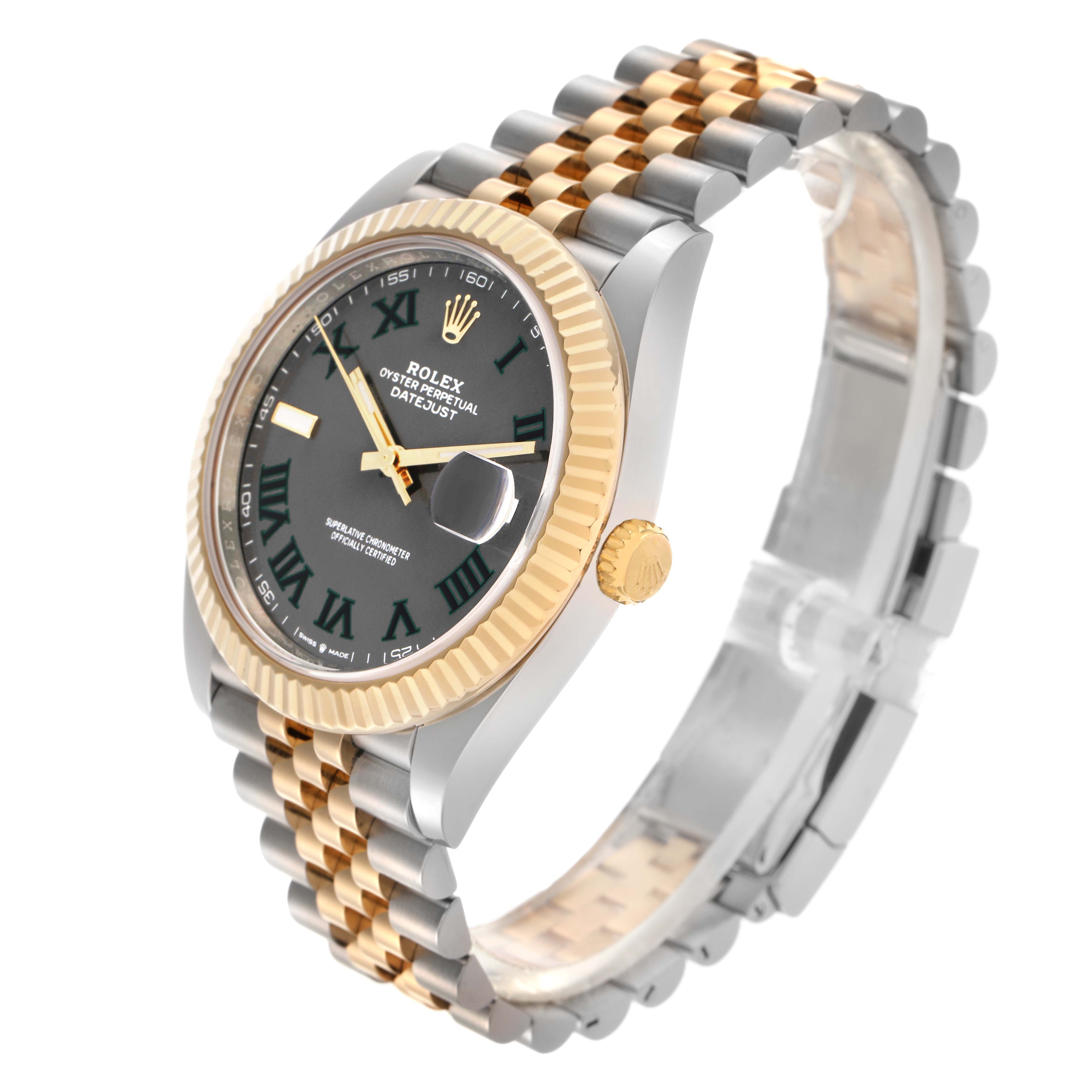 The Rolex Datejust 41 126333 Men
s Steel and Gold (two tone) Grey Dial 126333 Men
s Steel and Gold (two tone) Grey Dial is shown at a three-quarter angle, highlighting the dial, fluted bezel, and two-tone bracelet.
