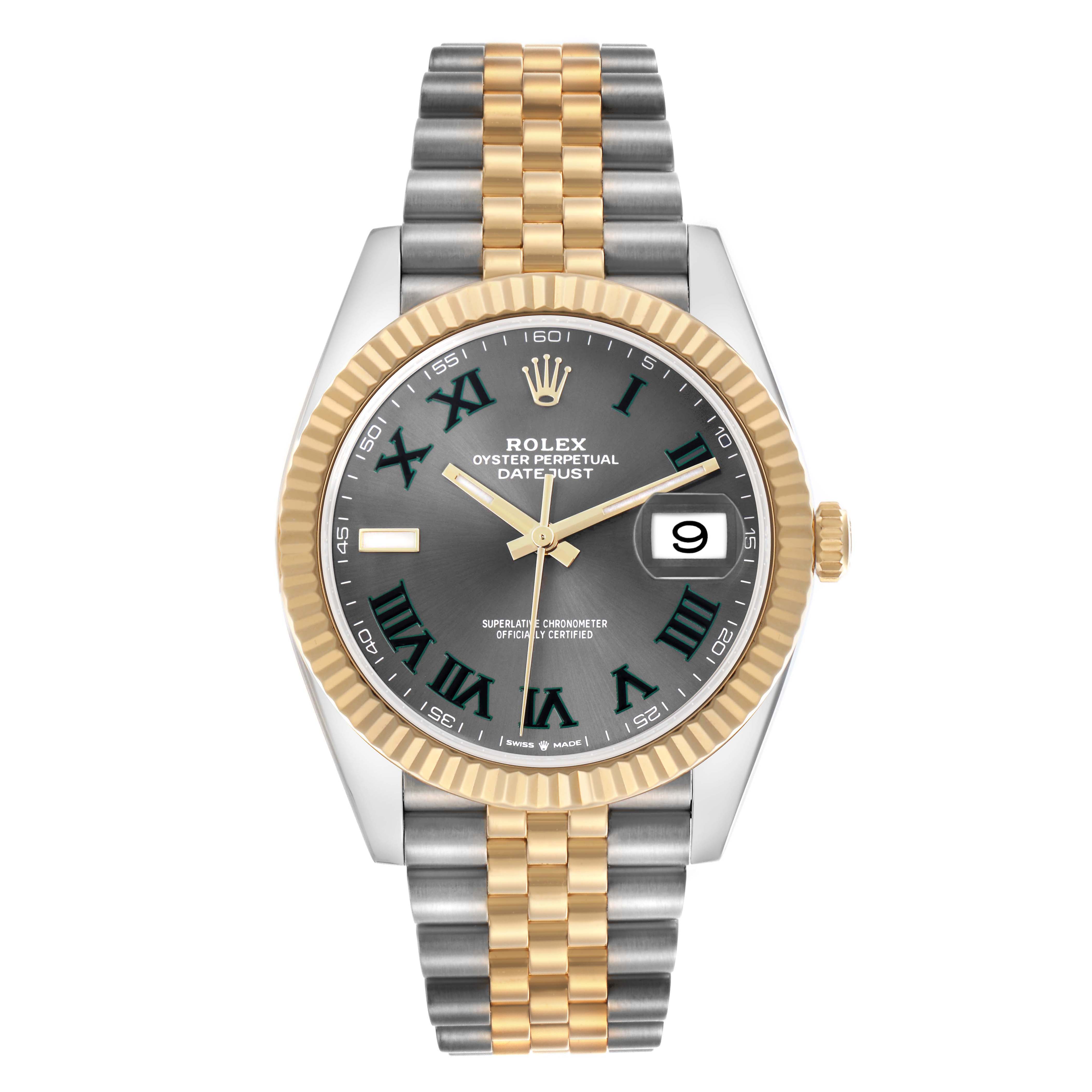 The Rolex Datejust 41 126333 Men
s Steel and Gold (two tone) Grey Dial 126333 Men
s Steel and Gold (two tone) Grey Dial model is shown from a top-down angle, highlighting its gold bezel, gray dial, and two-tone bracelet.