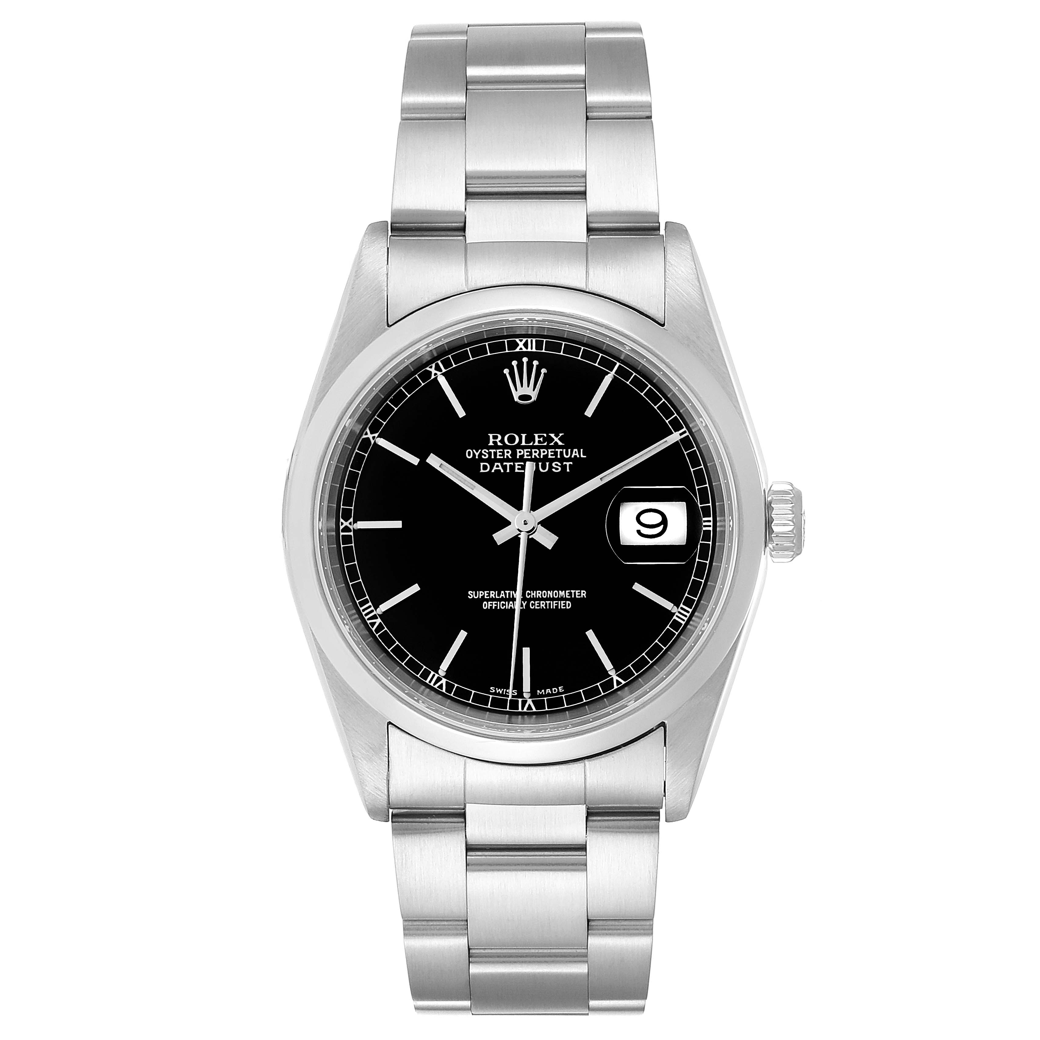 The Rolex Datejust 16200 Men's Stainless Steel Black Dial 16200 Men's Stainless Steel Black Dial watch is shown from a front view, displaying its black dial, date window, and stainless steel bracelet.