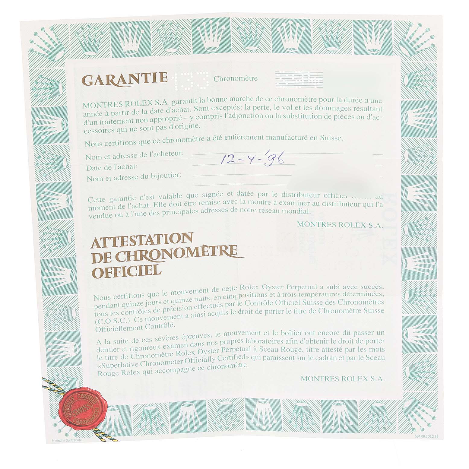 This image shows the warranty and chronometer certification documentation for a Rolex Mid-Size 68273 Women
s Steel and Gold (two tone) Champagne Dial 68273 Women
s Steel and Gold (two tone) Champagne Dial model watch.