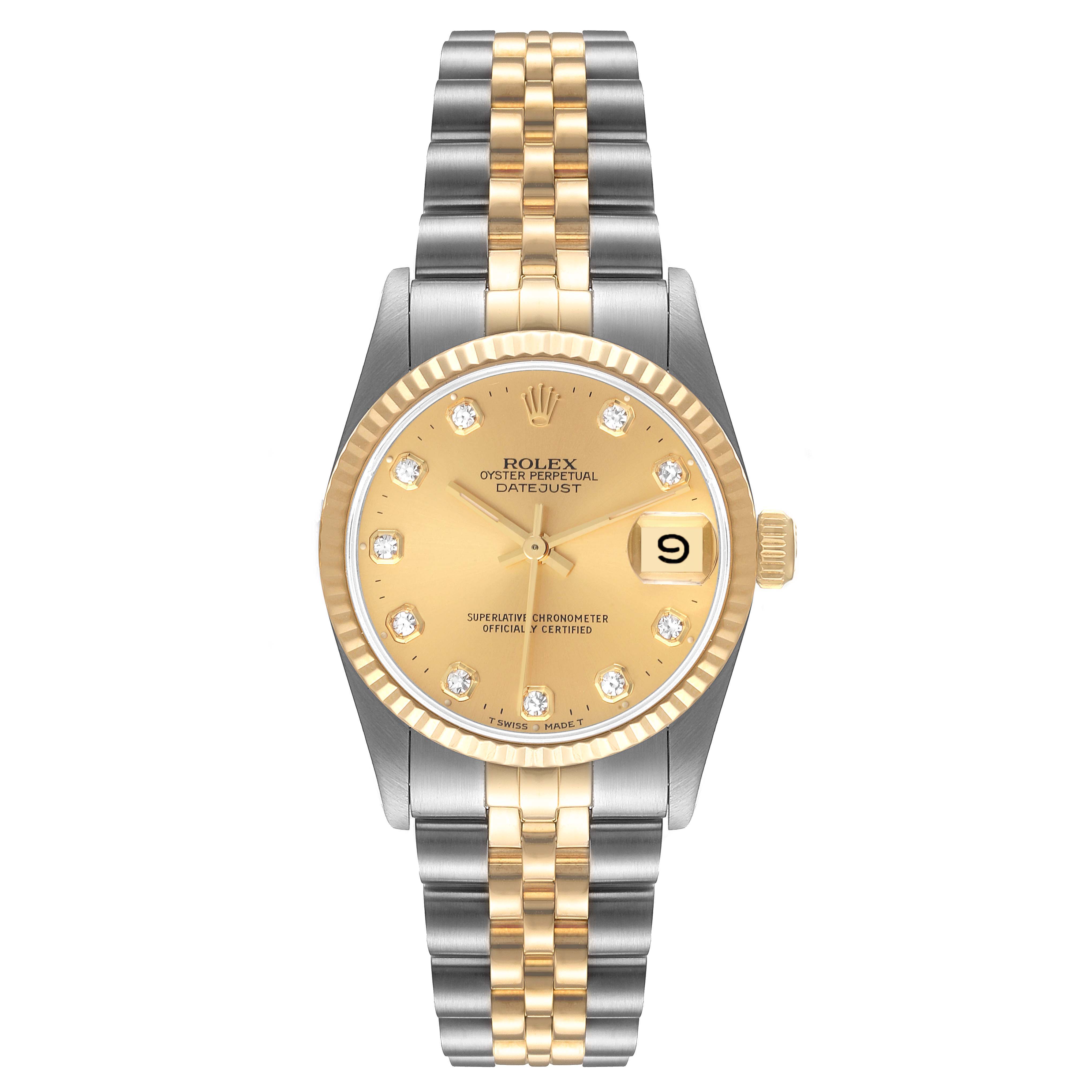 The image shows a front view of the Rolex Oyster Perpetual Datejust Mid-Size watch featuring a gold and silver bracelet.