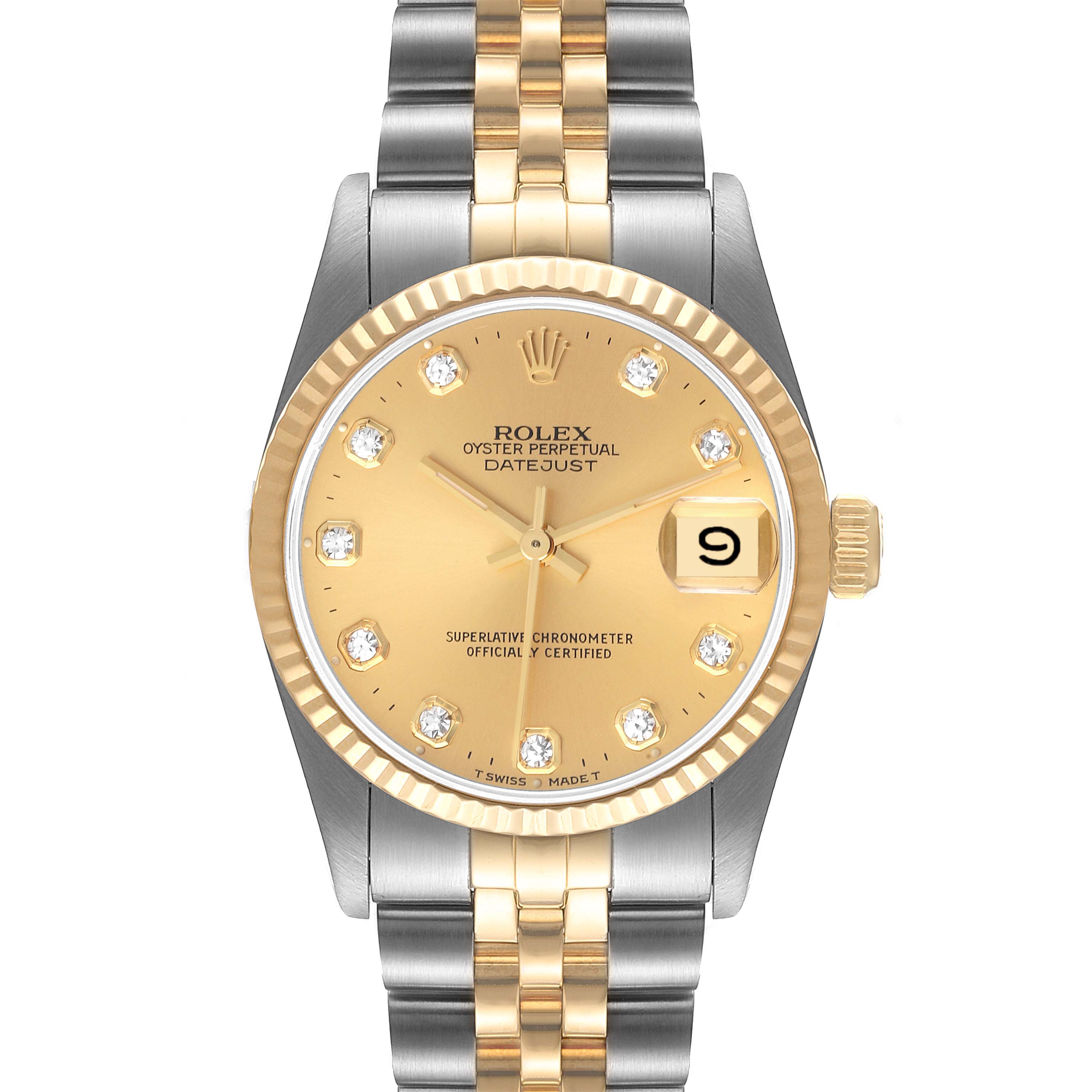 The image shows a front view of a Mid-Size Rolex Oyster Perpetual Datejust with a gold dial and two-tone bracelet.