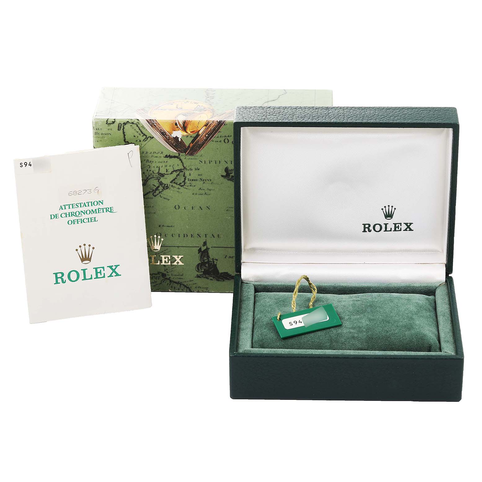 This image shows the packaging, warranty certificate, and tag for a Mid-Size Rolex watch, with the box open from a front angle.