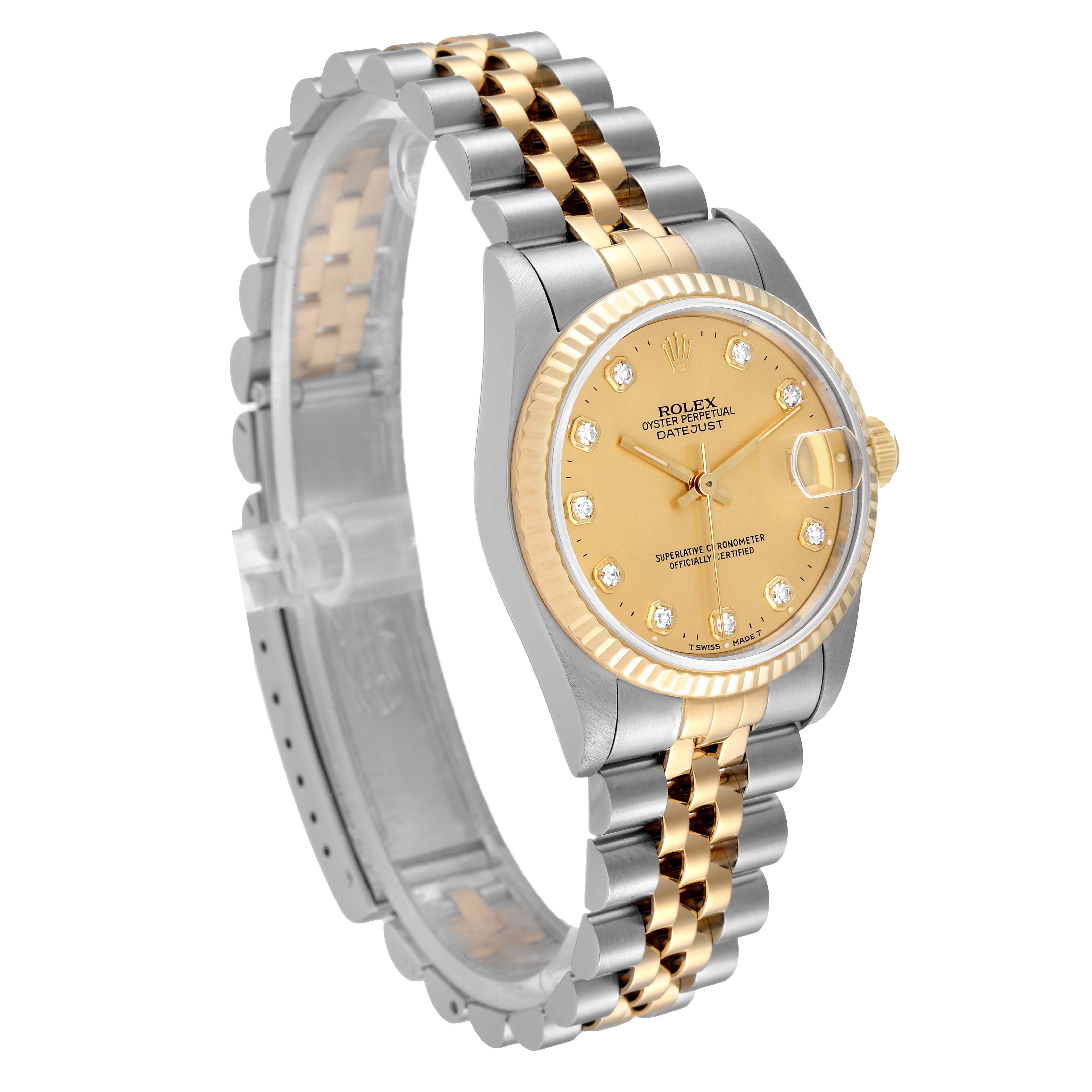 This image shows a side angle of the Rolex Datejust Mid-Size watch, highlighting the face, bezel, and bracelet.