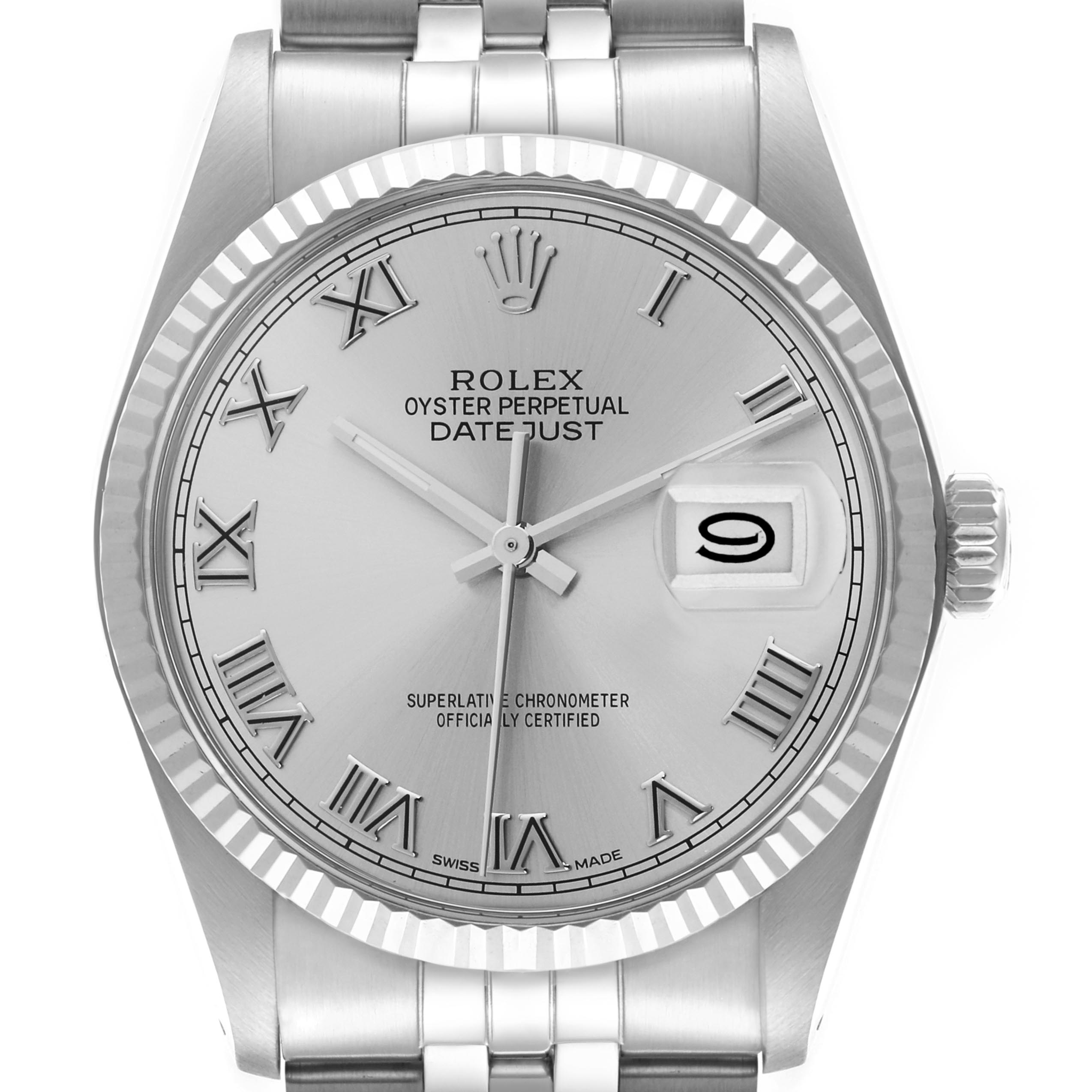 The Rolex Datejust 16014 Men
s Stainless Steel Silver Dial 16014 Men
s Stainless Steel Silver Dial watch is shown from a frontal angle, displaying its dial, roman numerals, date window, and part of the bracelet.