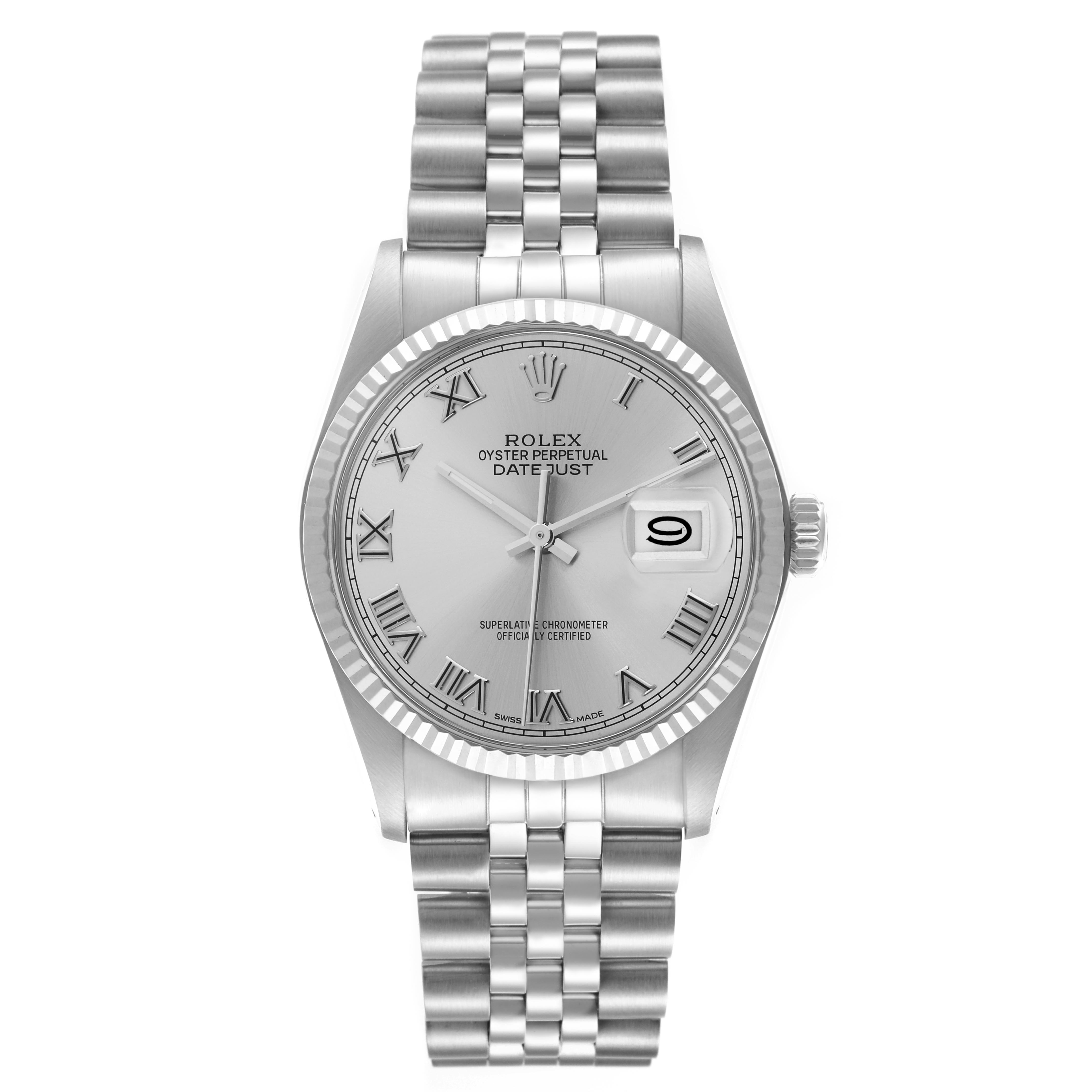 The Rolex Datejust 16014 Men
s Stainless Steel Silver Dial 16014 Men
s Stainless Steel Silver Dial watch is shown from a front angle, displaying the dial, bracelet, bezel, and crown.