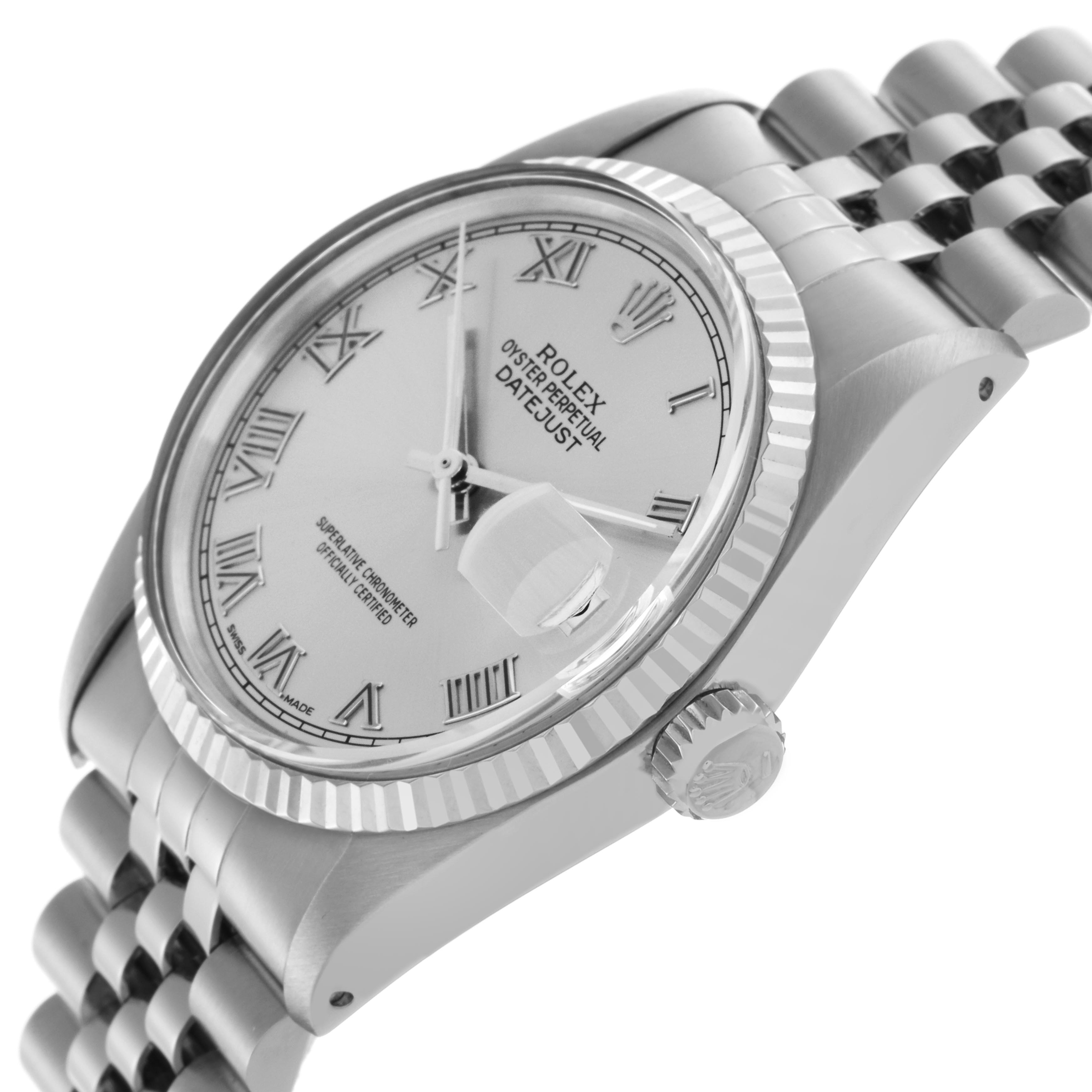 The Rolex Datejust 16014 Men
s Stainless Steel Silver Dial 16014 Men
s Stainless Steel Silver Dial watch is shown at an angled side view, highlighting the face, crown, and part of the bracelet.