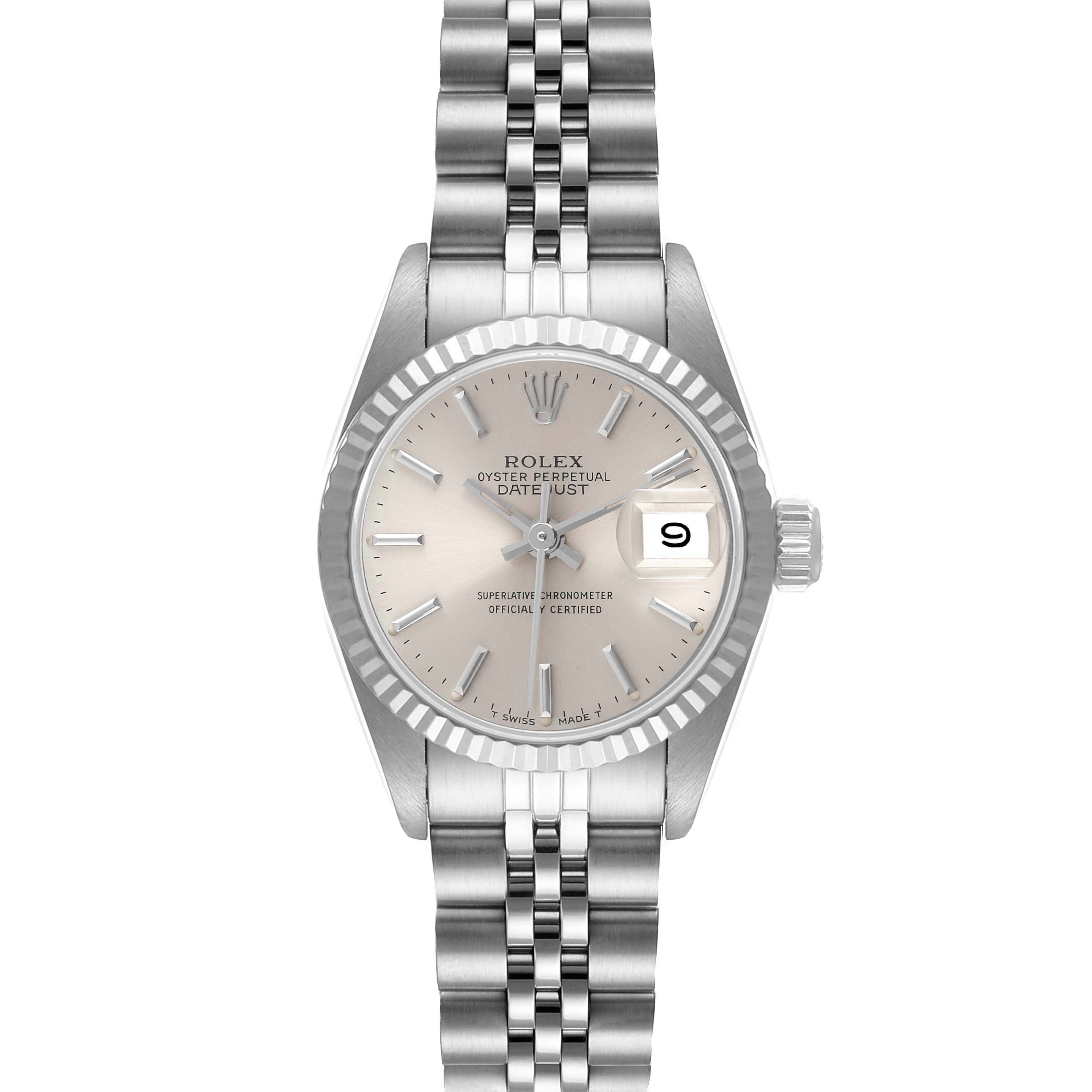 The image shows a front view of the Rolex Datejust 69174 Women
s Stainless Steel Silver Dial 69174 Women
s Stainless Steel Silver Dial watch, highlighting its dial, bracelet, and fluted bezel.