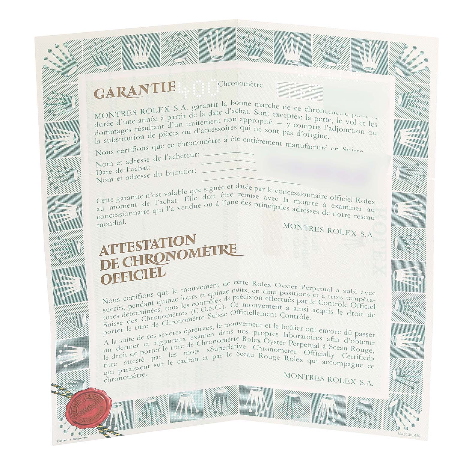 This image shows the warranty certificate for the Rolex Datejust 69174 Women
s Stainless Steel Silver Dial 69174 Women
s Stainless Steel Silver Dial model, including official chronometer certification details.