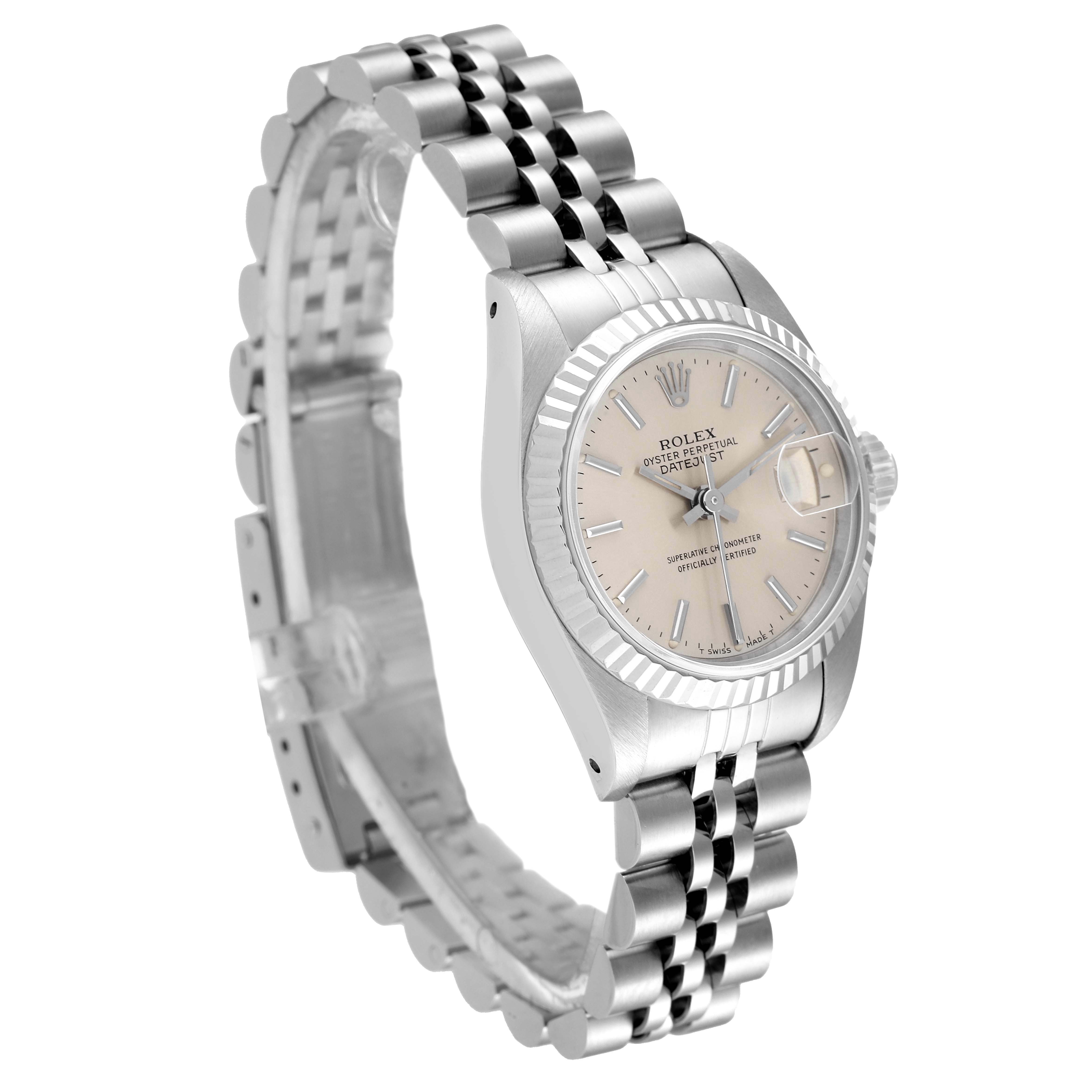 This image shows a Rolex Datejust 69174 Women
s Stainless Steel Silver Dial 69174 Women
s Stainless Steel Silver Dial watch at a three-quarter angle, highlighting the face, bezel, and bracelet.