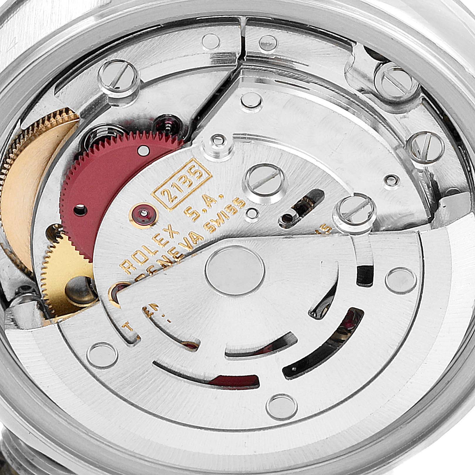 The image shows the internal mechanism of a Rolex Datejust 69174 Women
s Stainless Steel Silver Dial 69174 Women
s Stainless Steel Silver Dial watch at a close-up angle.