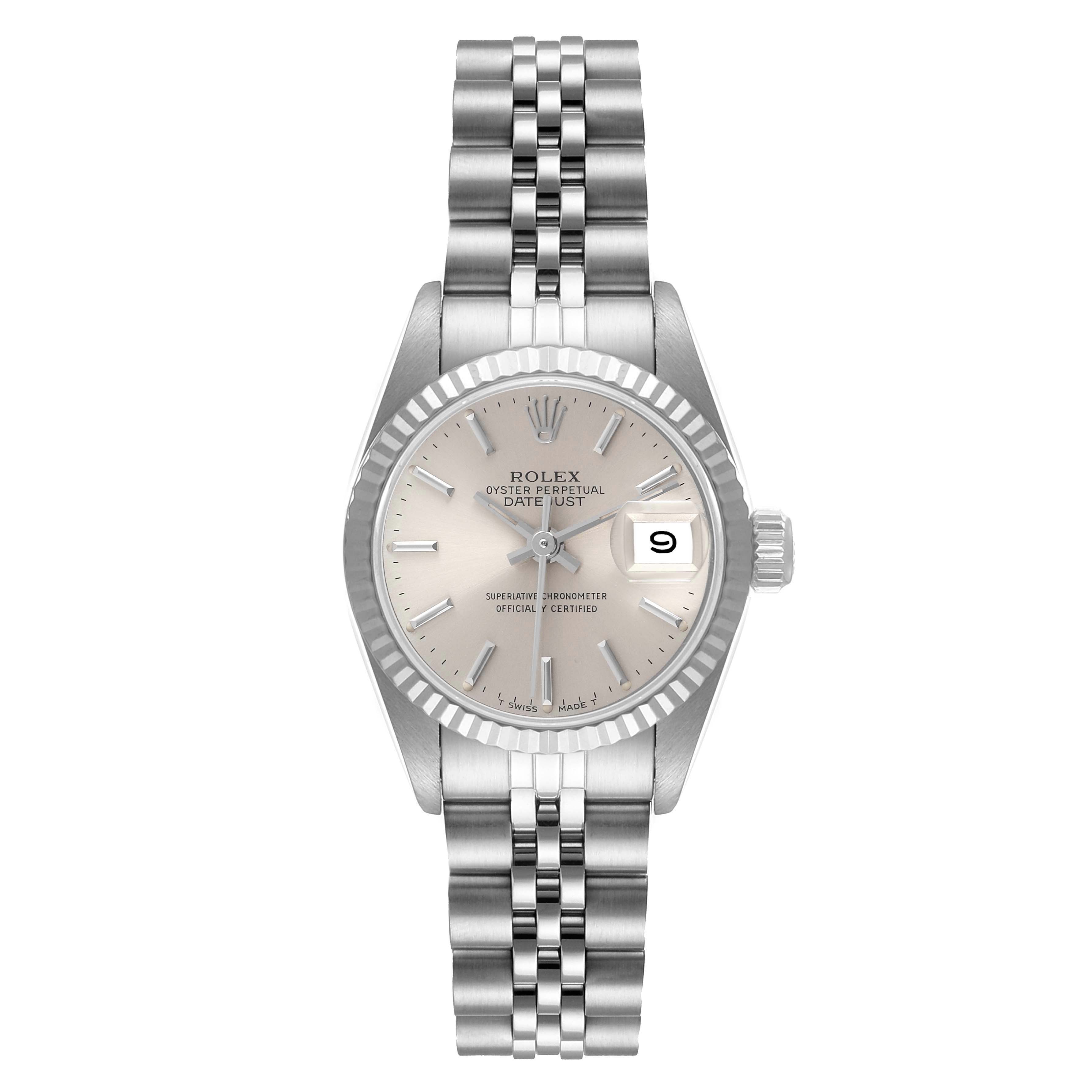 The image shows a frontal view of a Rolex Datejust 69174 Women
s Stainless Steel Silver Dial 69174 Women
s Stainless Steel Silver Dial watch, displaying its dial, bezel, bracelet, and date window.
