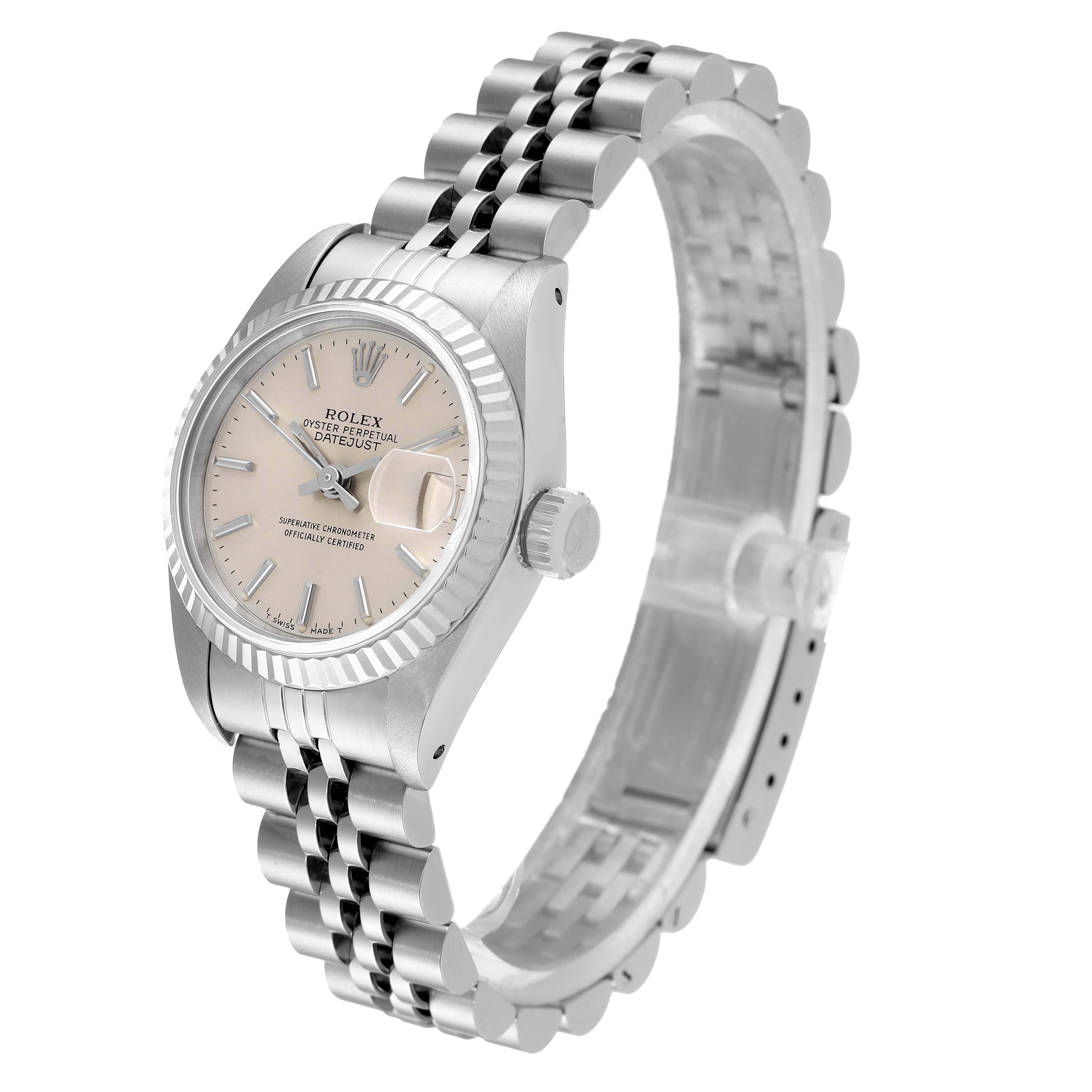 The image shows a Rolex Datejust 69174 Women
s Stainless Steel Silver Dial 69174 Women
s Stainless Steel Silver Dial watch viewed from a front left angle, highlighting the dial, bezel, and bracelet.