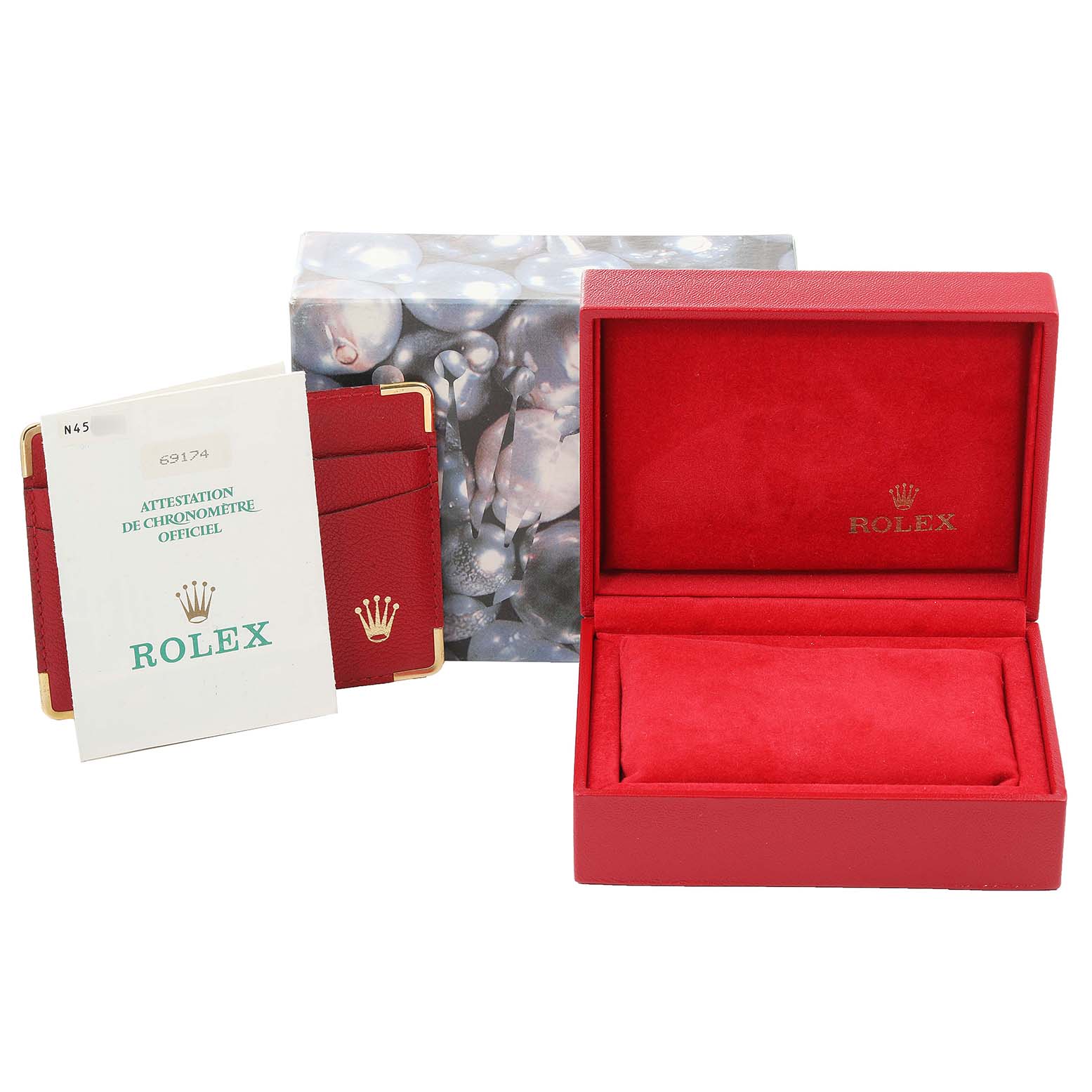 The image shows a Rolex Datejust 69174 Women
s Stainless Steel Silver Dial 69174 Women
s Stainless Steel Silver Dial watch box, a warranty card holder, and the outer packaging.