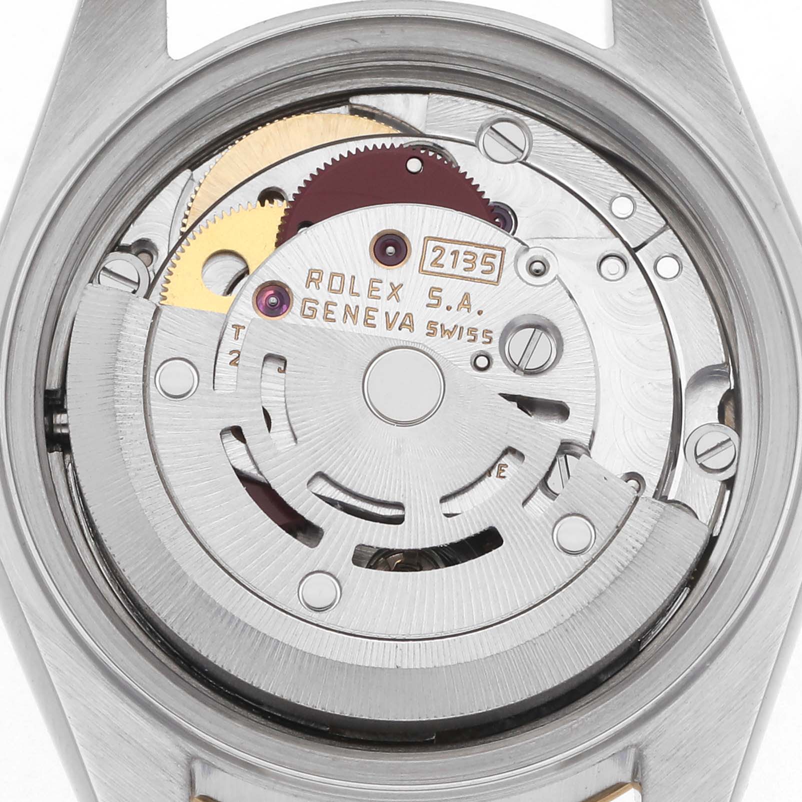 The image shows the movement of a Rolex Datejust 69173 Women
s Steel and Gold (two tone) Champagne Dial 69173 Women
s Steel and Gold (two tone) Champagne Dial, focusing on the internal mechanism from a top-down angle.