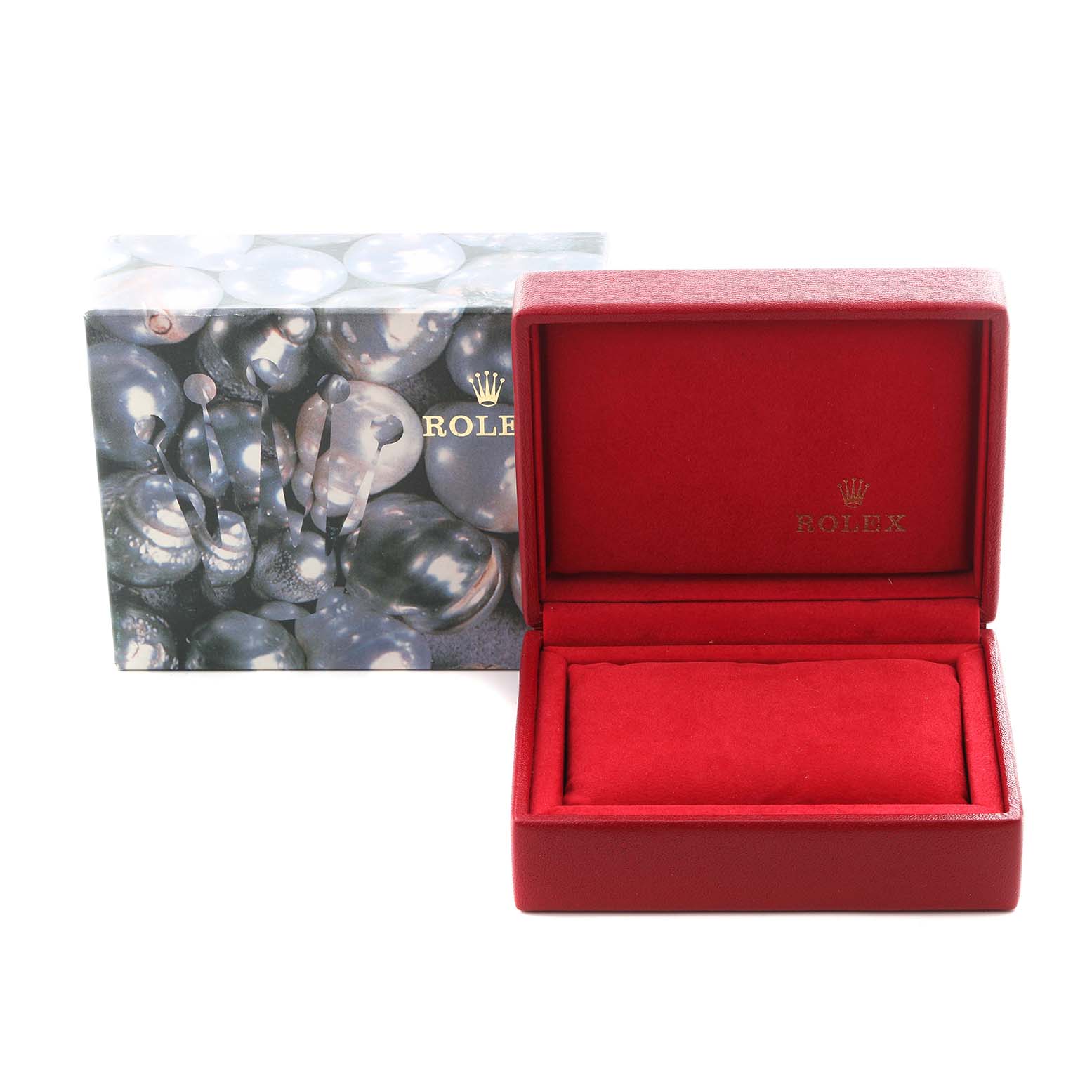 The image shows a red Rolex watch box for a Datejust model, seen from the front with its lid open.