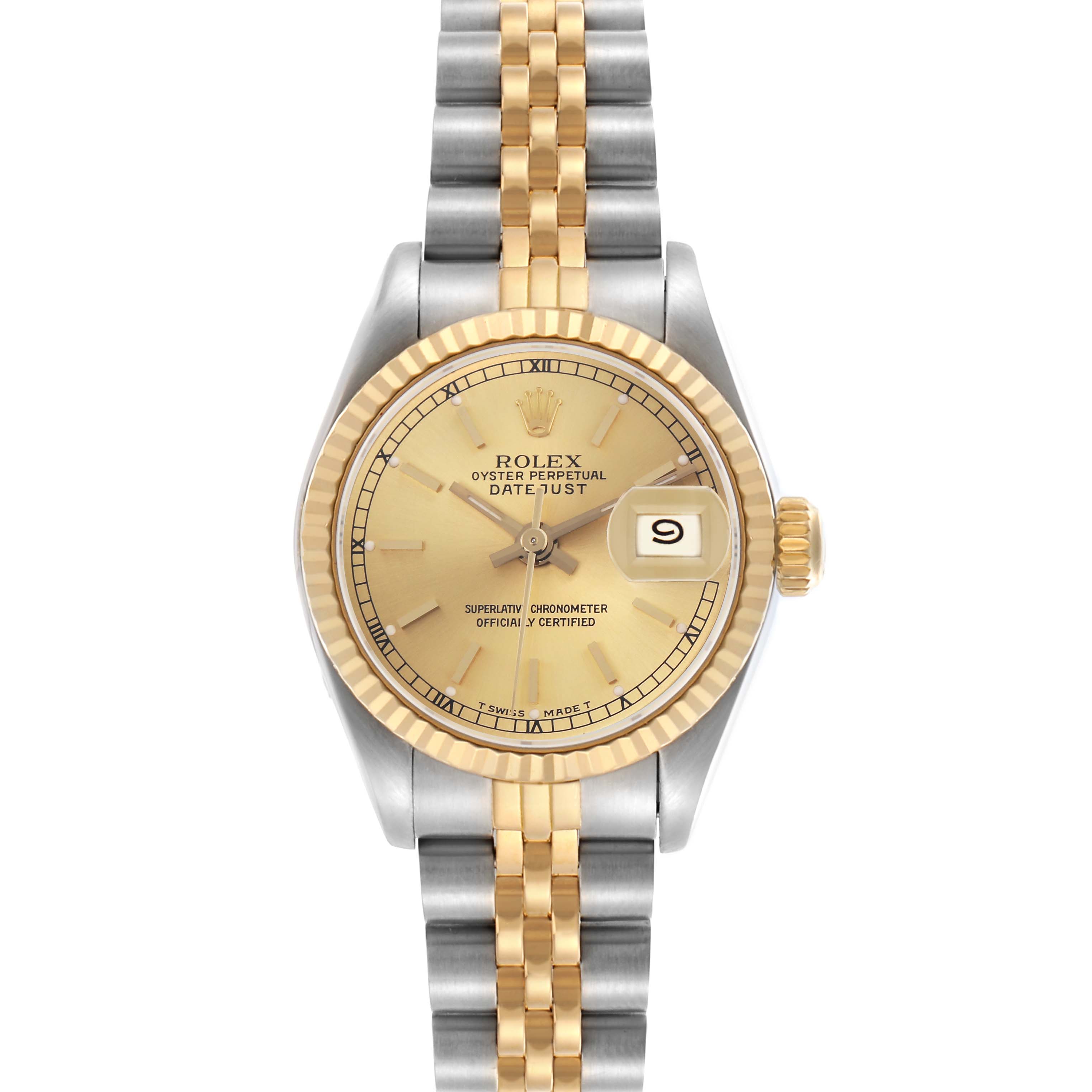 The Rolex Datejust 69173 Women
s Steel and Gold (two tone) Champagne Dial 69173 Women
s Steel and Gold (two tone) Champagne Dial watch is shown from a top view, displaying the dial, bezel, and bracelet.