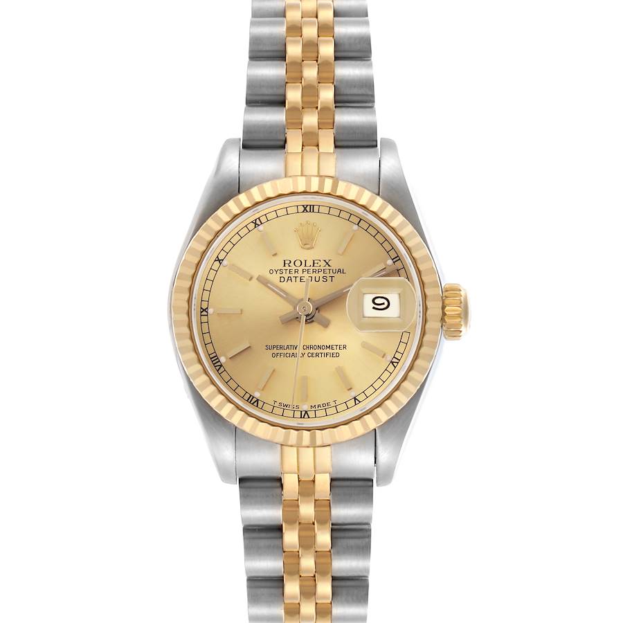 The Rolex Datejust watch is shown from a top view, displaying the dial, bezel, and bracelet.