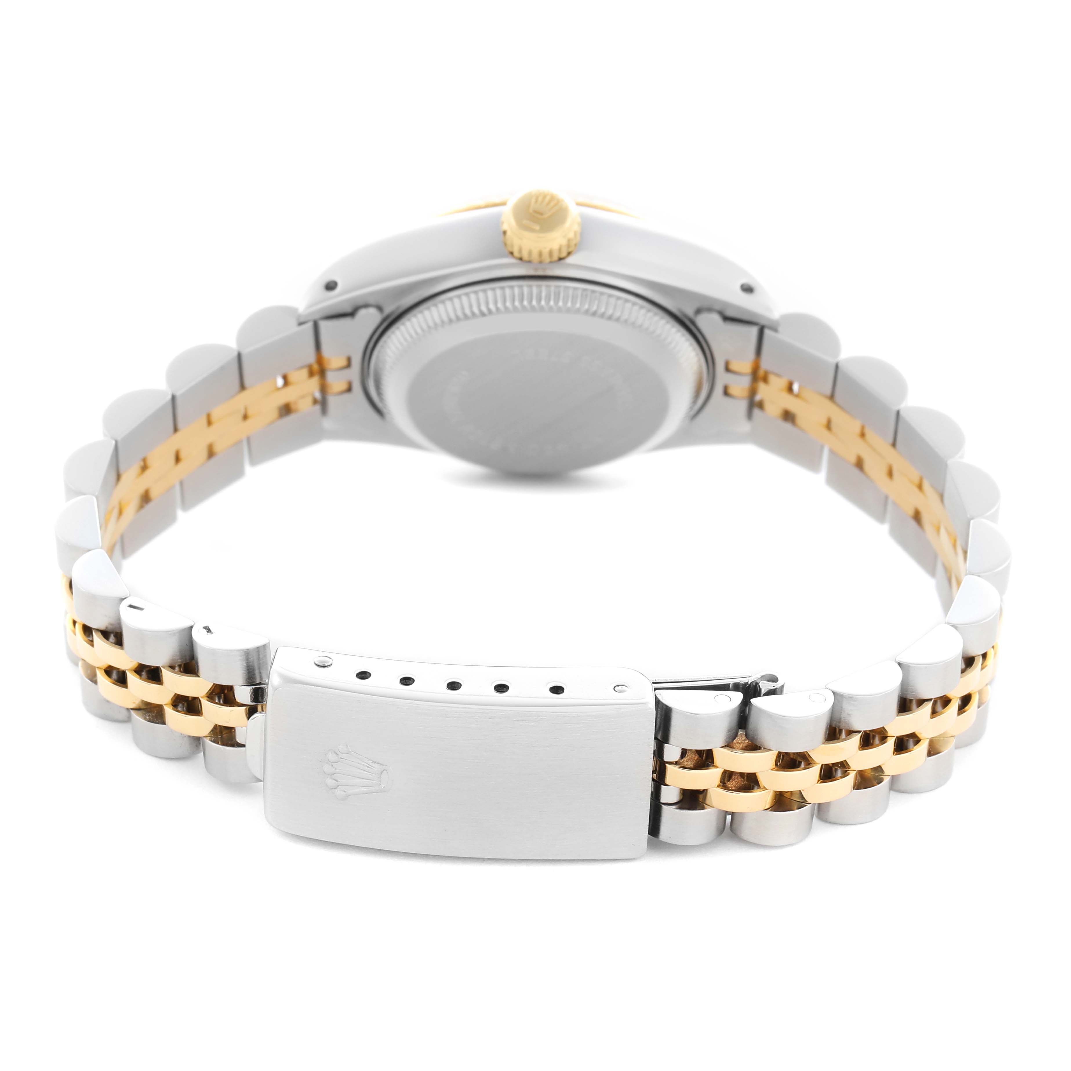 The image shows the Rolex Datejust 69173 Women
s Steel and Gold (two tone) Champagne Dial 69173 Women
s Steel and Gold (two tone) Champagne Dial
s back, featuring the case, crown, and two-tone Jubilee bracelet with the clasp visible.