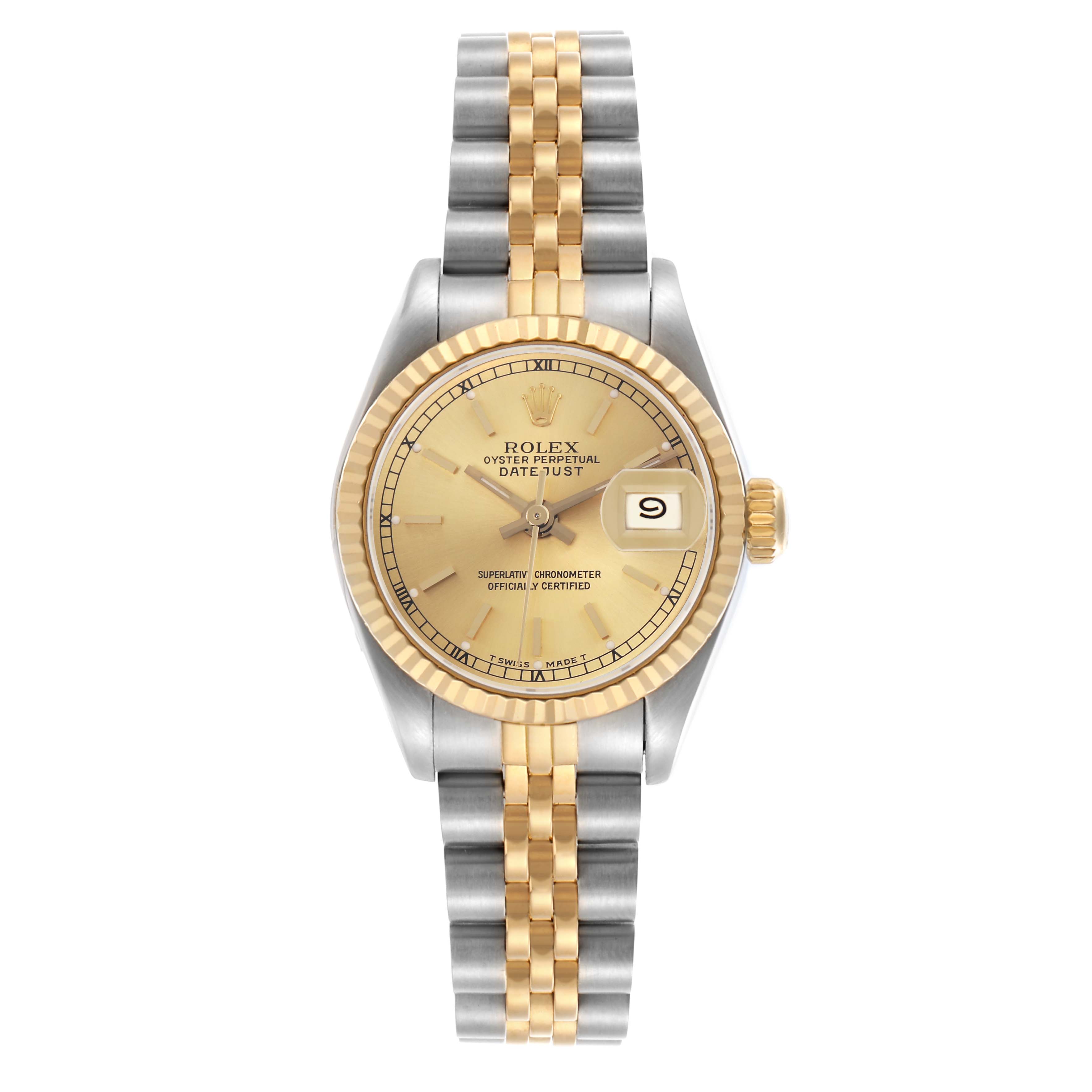 The Rolex Datejust 69173 Women
s Steel and Gold (two tone) Champagne Dial 69173 Women
s Steel and Gold (two tone) Champagne Dial watch is shown from a top view, highlighting its face, bezel, and two-tone jubilee bracelet.