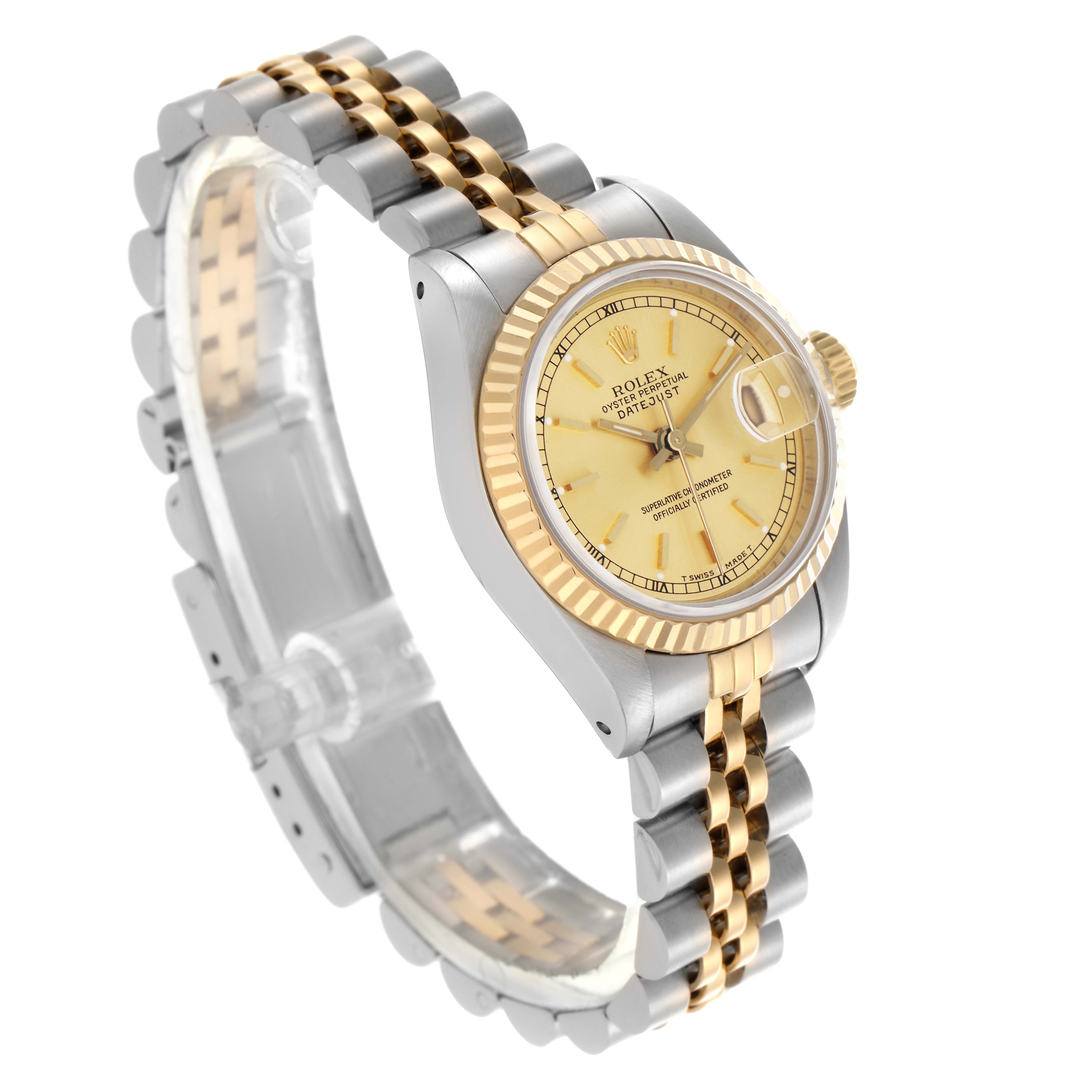 The Rolex Datejust 69173 Women
s Steel and Gold (two tone) Champagne Dial 69173 Women
s Steel and Gold (two tone) Champagne Dial watch is shown at a three-quarter angle, highlighting the dial, bezel, and jubilee bracelet.