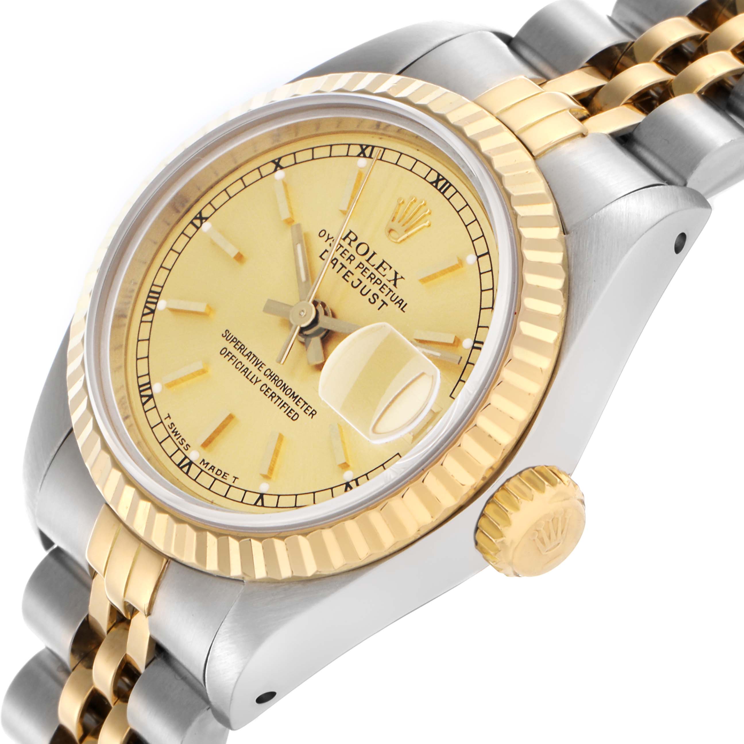 The Rolex Datejust 69173 Women
s Steel and Gold (two tone) Champagne Dial 69173 Women
s Steel and Gold (two tone) Champagne Dial watch is shown at an angle highlighting the gold bezel, dial, crown, and two-tone bracelet.