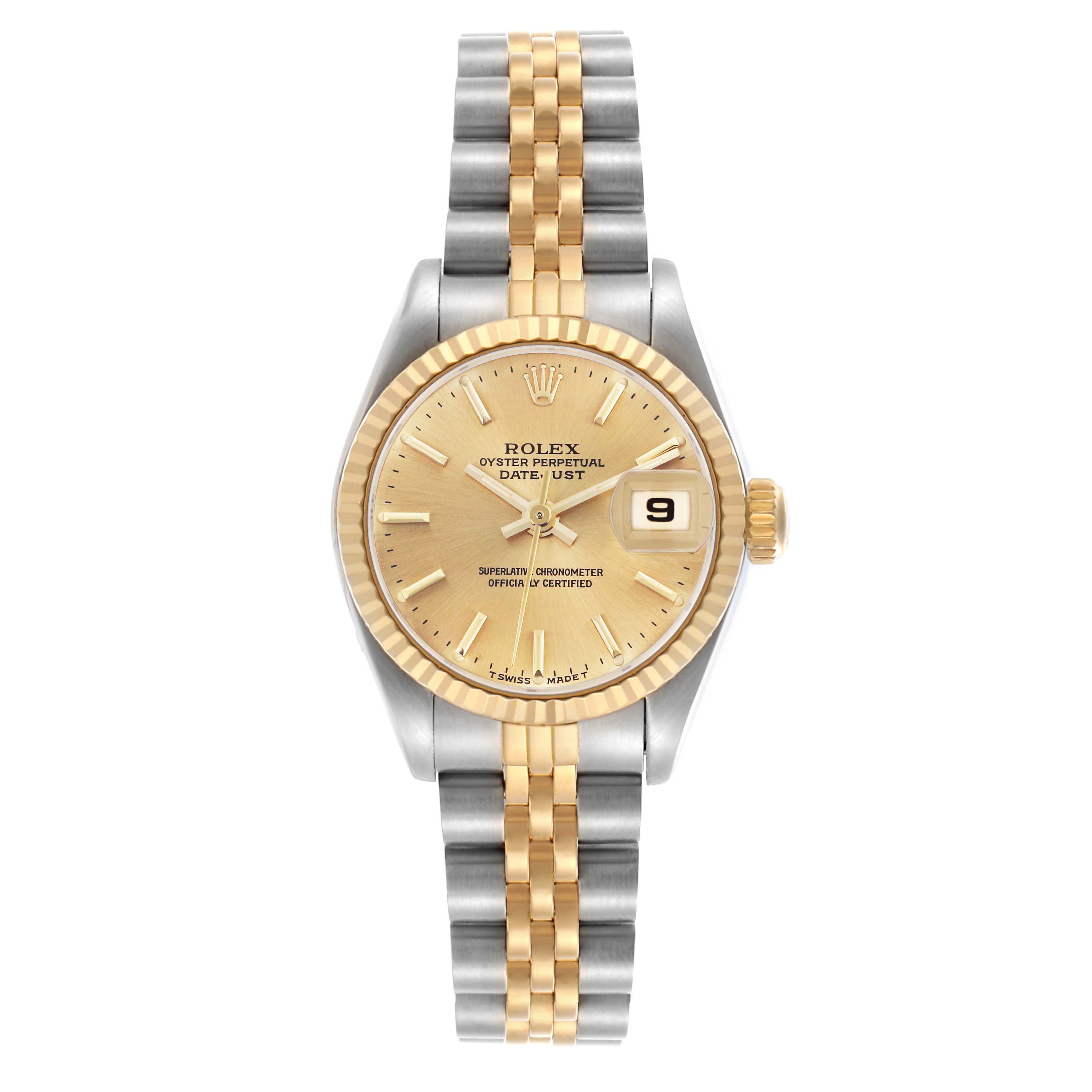 The image shows a front view of a Rolex Datejust 69173 Women's Steel and Gold (two tone) Champagne Dial 69173 Women's Steel and Gold (two tone) Champagne Dial watch featuring a two-tone metal strap, gold dial, and fluted bezel.