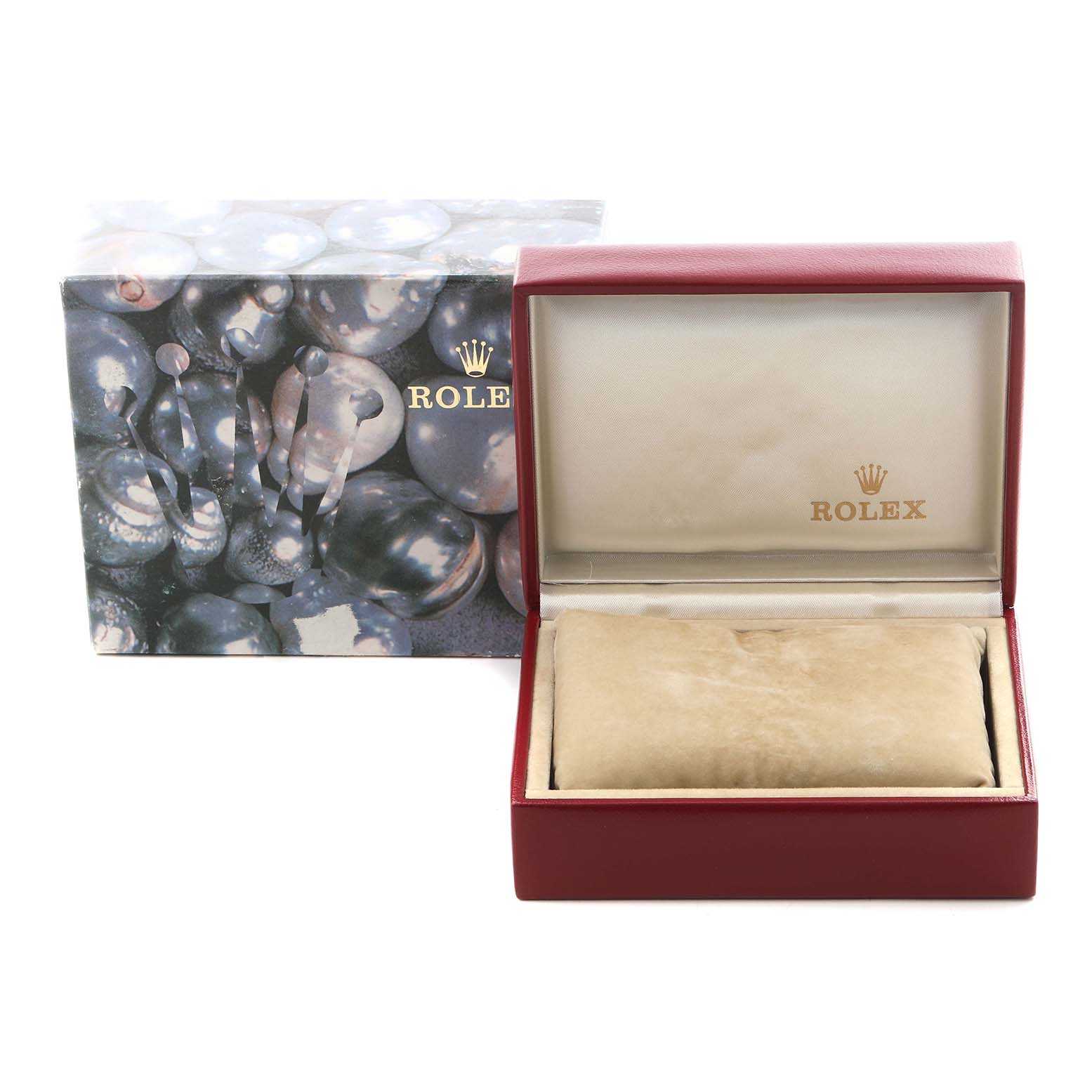 The image shows a Rolex Datejust 69173 Women's Steel and Gold (two tone) Champagne Dial 69173 Women's Steel and Gold (two tone) Champagne Dial watch box and packaging from a front angle, displaying the interior and exterior design.