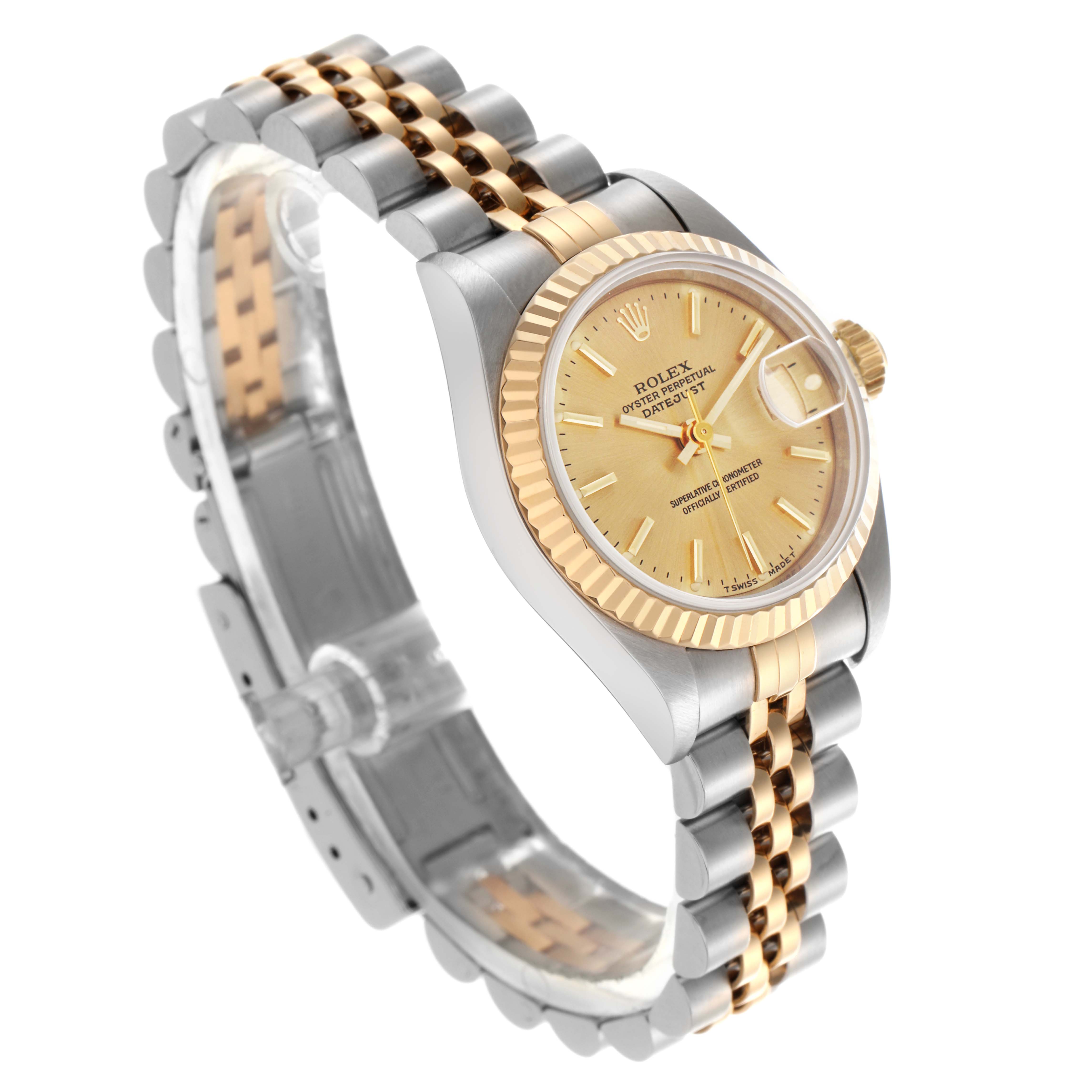 The image shows a Rolex Datejust 69173 Women's Steel and Gold (two tone) Champagne Dial 69173 Women's Steel and Gold (two tone) Champagne Dial watch at a three-quarter angle, highlighting the gold bezel, face, and two-tone bracelet.