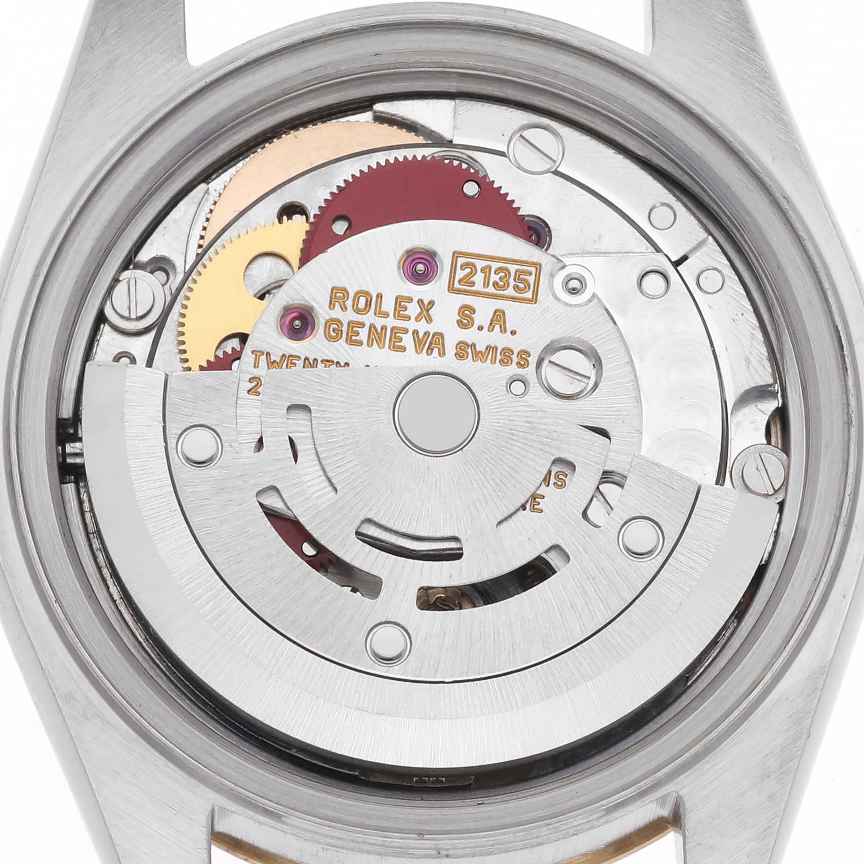 The image shows the movement of a Rolex Datejust 69173 Women's Steel and Gold (two tone) Champagne Dial 69173 Women's Steel and Gold (two tone) Champagne Dial watch from a back angle, highlighting the intricate internal mechanisms.