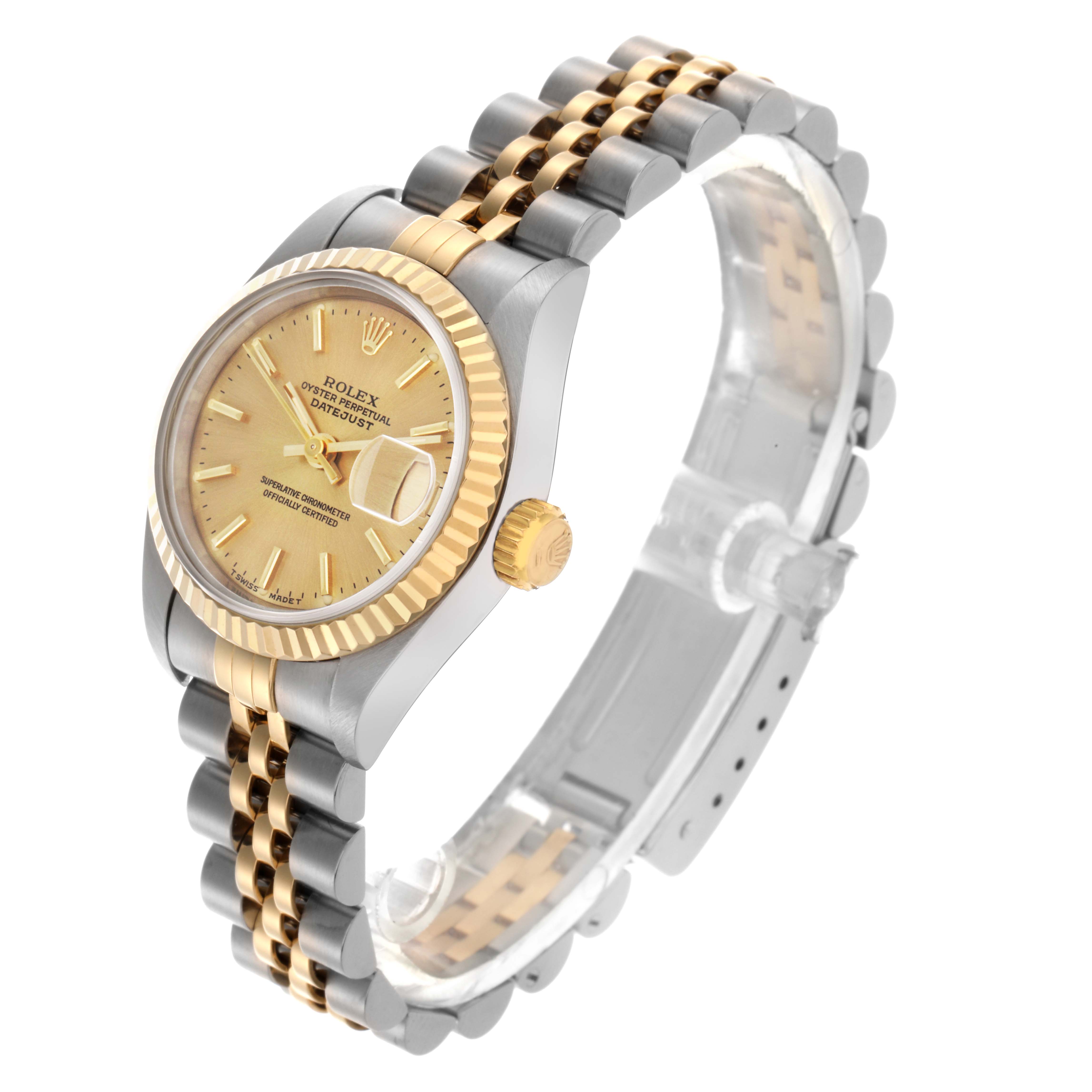 The Rolex Datejust 69173 Women's Steel and Gold (two tone) Champagne Dial 69173 Women's Steel and Gold (two tone) Champagne Dial watch is shown at a slight angle, highlighting the gold dial, bezel, crown, and two-tone bracelet.
