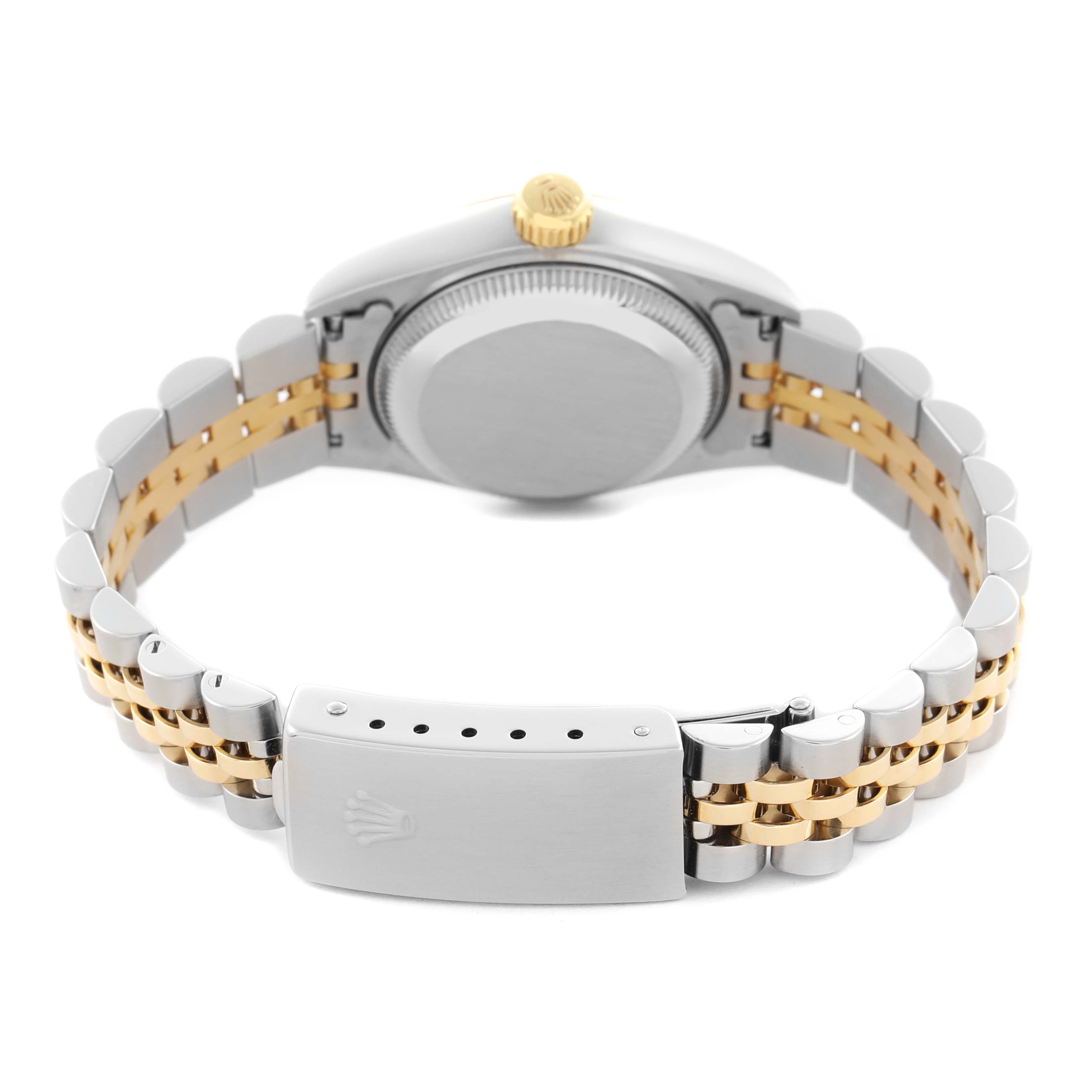 The image shows the back view of a Rolex Datejust 69173 Women's Steel and Gold (two tone) Champagne Dial 69173 Women's Steel and Gold (two tone) Champagne Dial, highlighting the two-tone bracelet and clasp.