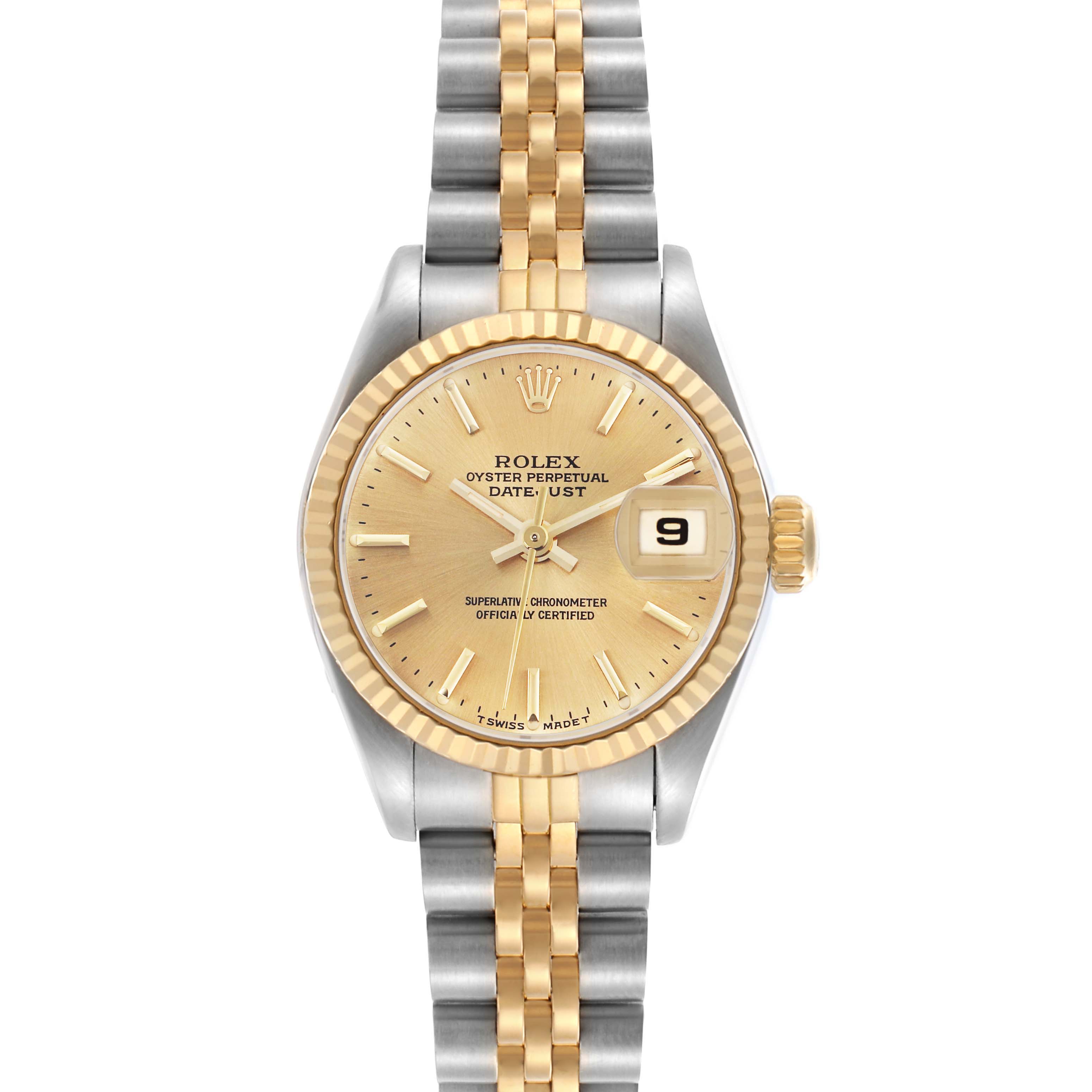 The Rolex Datejust 69173 Women's Steel and Gold (two tone) Champagne Dial 69173 Women's Steel and Gold (two tone) Champagne Dial watch is shown from a front angle, displaying the face, bezel, crown, and bracelet.
