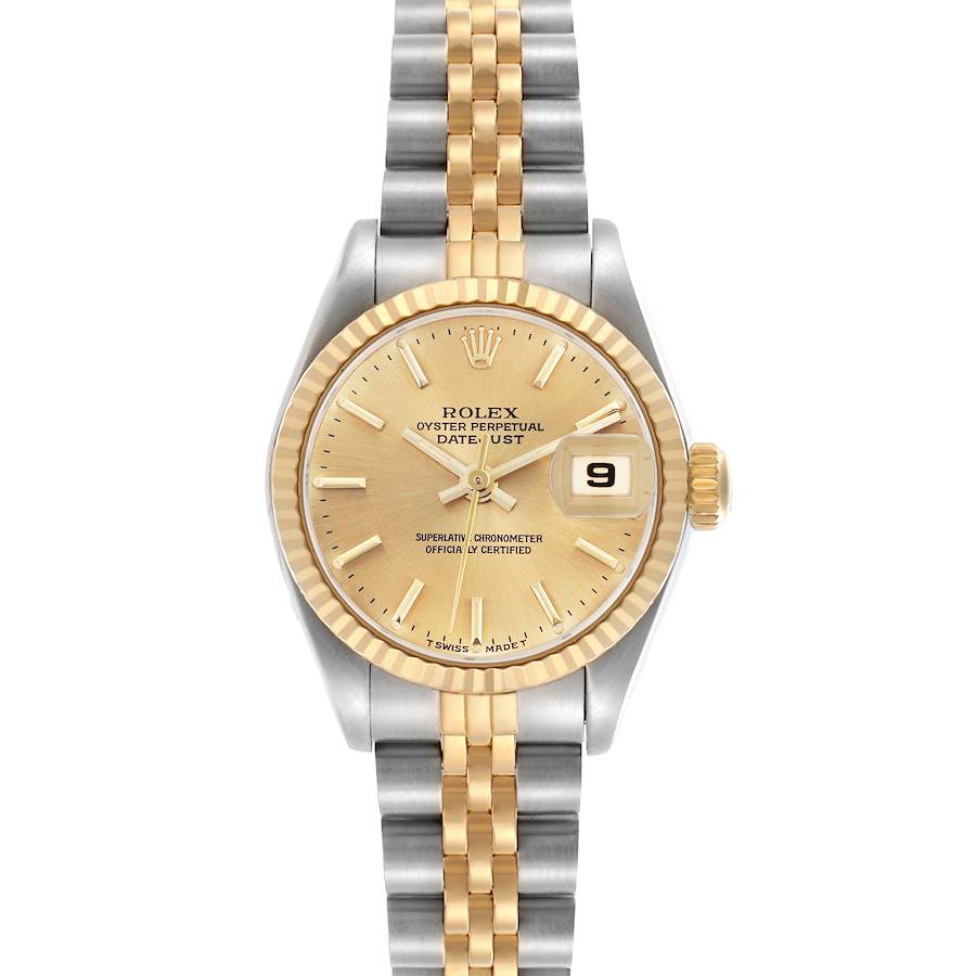 The Rolex Datejust watch is shown from a front angle, displaying the face, bezel, crown, and bracelet.