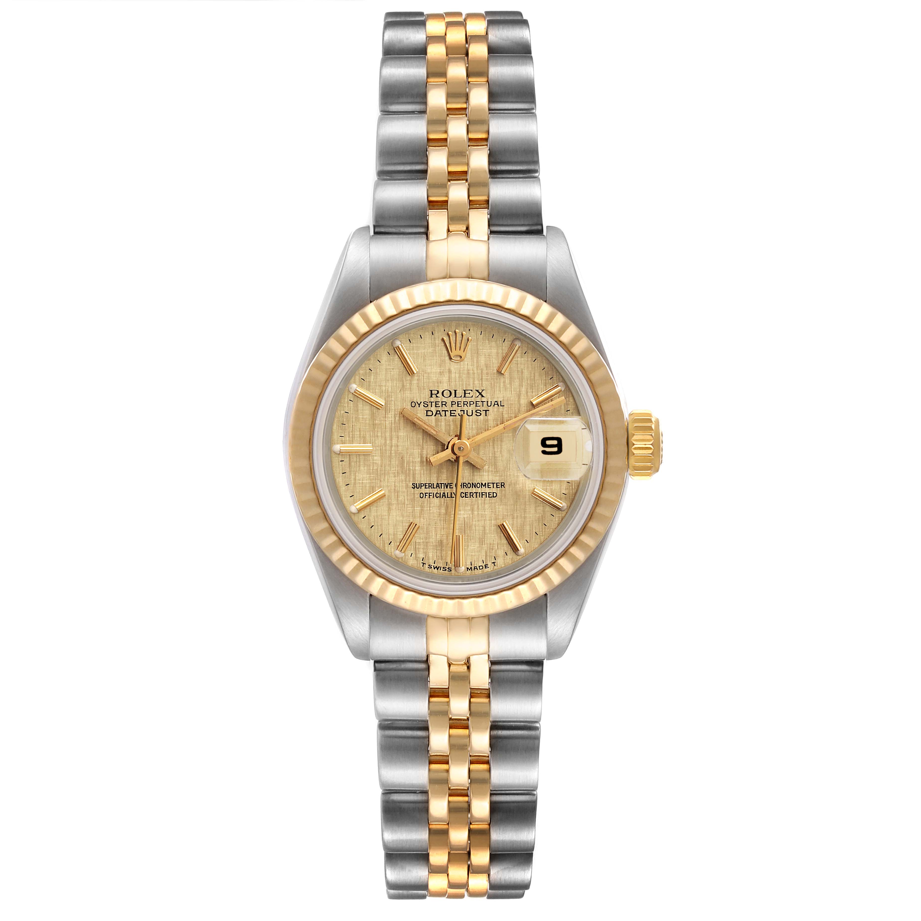 This image shows a front view of a Rolex Datejust 69173 Women
s Steel and Gold (two tone) Champagne Dial 69173 Women
s Steel and Gold (two tone) Champagne Dial watch, highlighting its dial, bezel, and two-tone bracelet.
