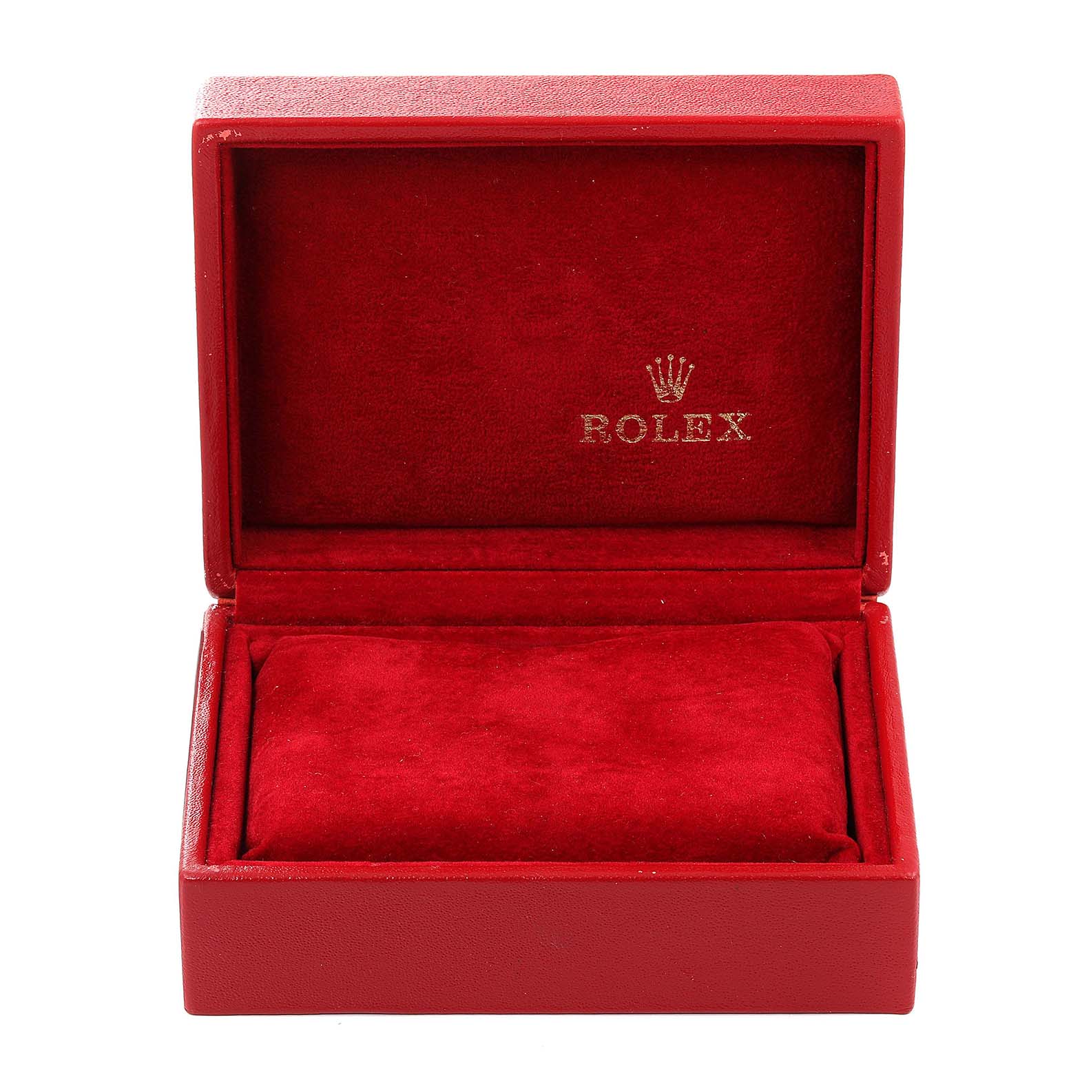 This image shows an open red velvet-lined box for the Datejust model by Rolex.