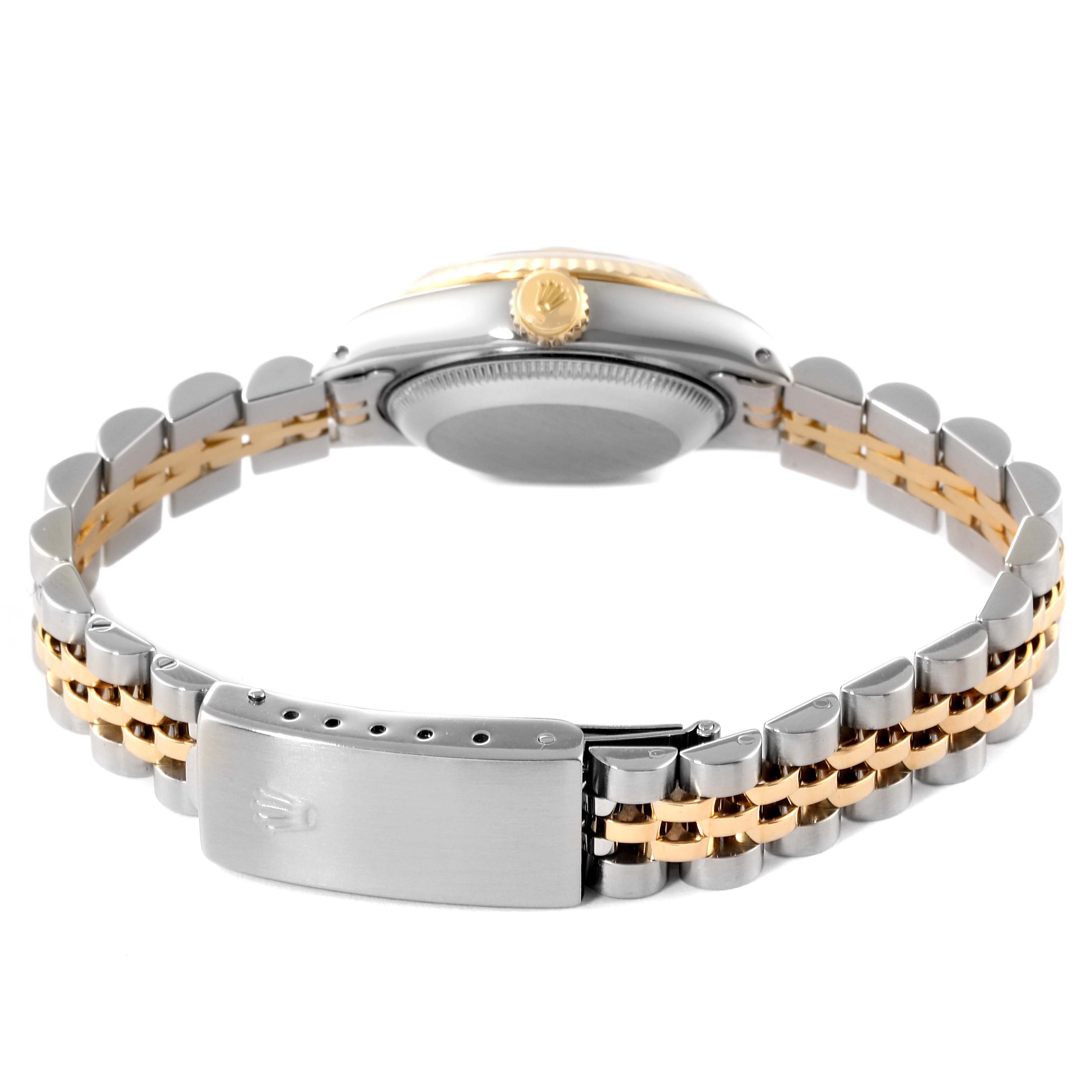 This image shows the back view of a Rolex Datejust 69173 Women
s Steel and Gold (two tone) Champagne Dial 69173 Women
s Steel and Gold (two tone) Champagne Dial watch, highlighting its bracelet and clasp.