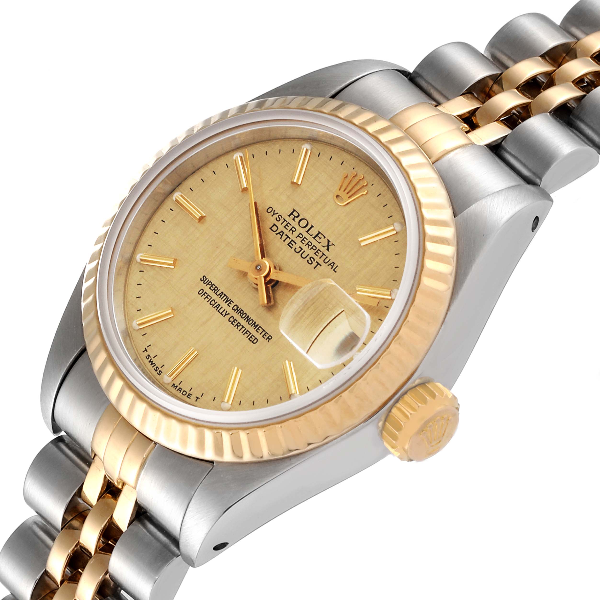 The image shows a Rolex Datejust 69173 Women
s Steel and Gold (two tone) Champagne Dial 69173 Women
s Steel and Gold (two tone) Champagne Dial watch at a slight angled view, highlighting its dial, case, crown, and bracelet.