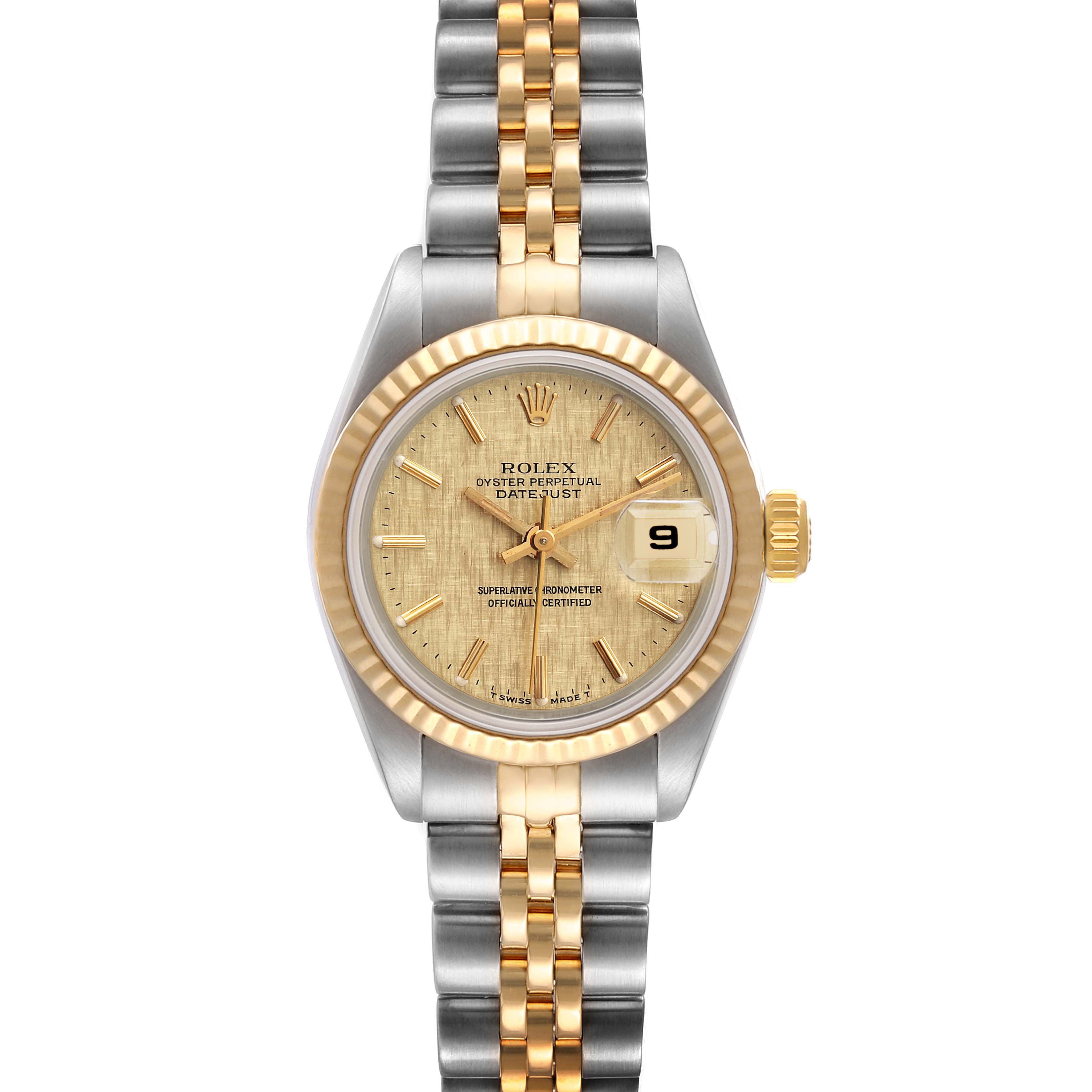The image shows a front view of a Rolex Datejust 69173 Women
s Steel and Gold (two tone) Champagne Dial 69173 Women
s Steel and Gold (two tone) Champagne Dial watch, highlighting the dial, bezel, crown, and bracelet.