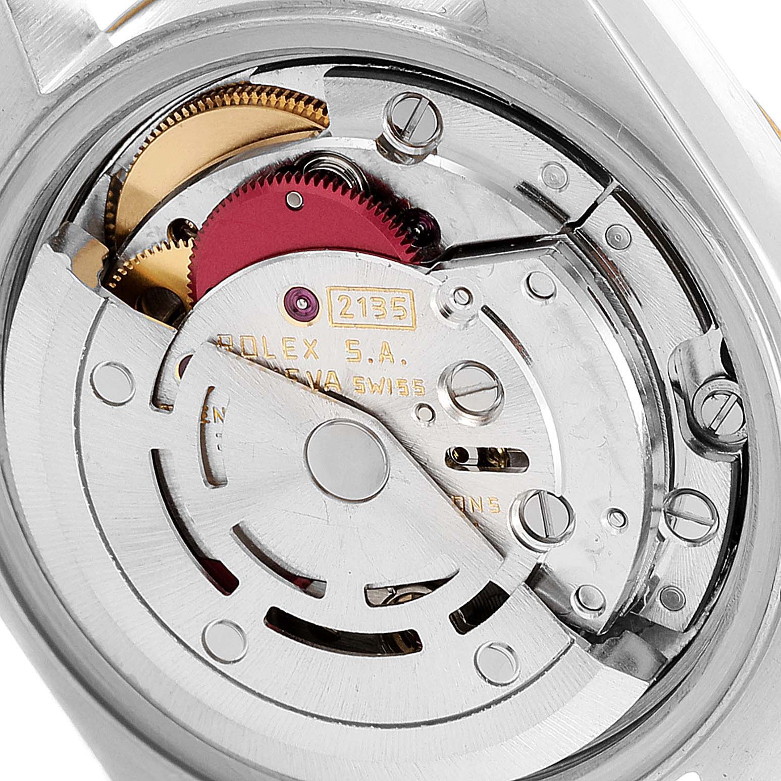 This image shows the internal movement mechanism of a Rolex Datejust 69173 Women
s Steel and Gold (two tone) Champagne Dial 69173 Women
s Steel and Gold (two tone) Champagne Dial watch viewed from the back.