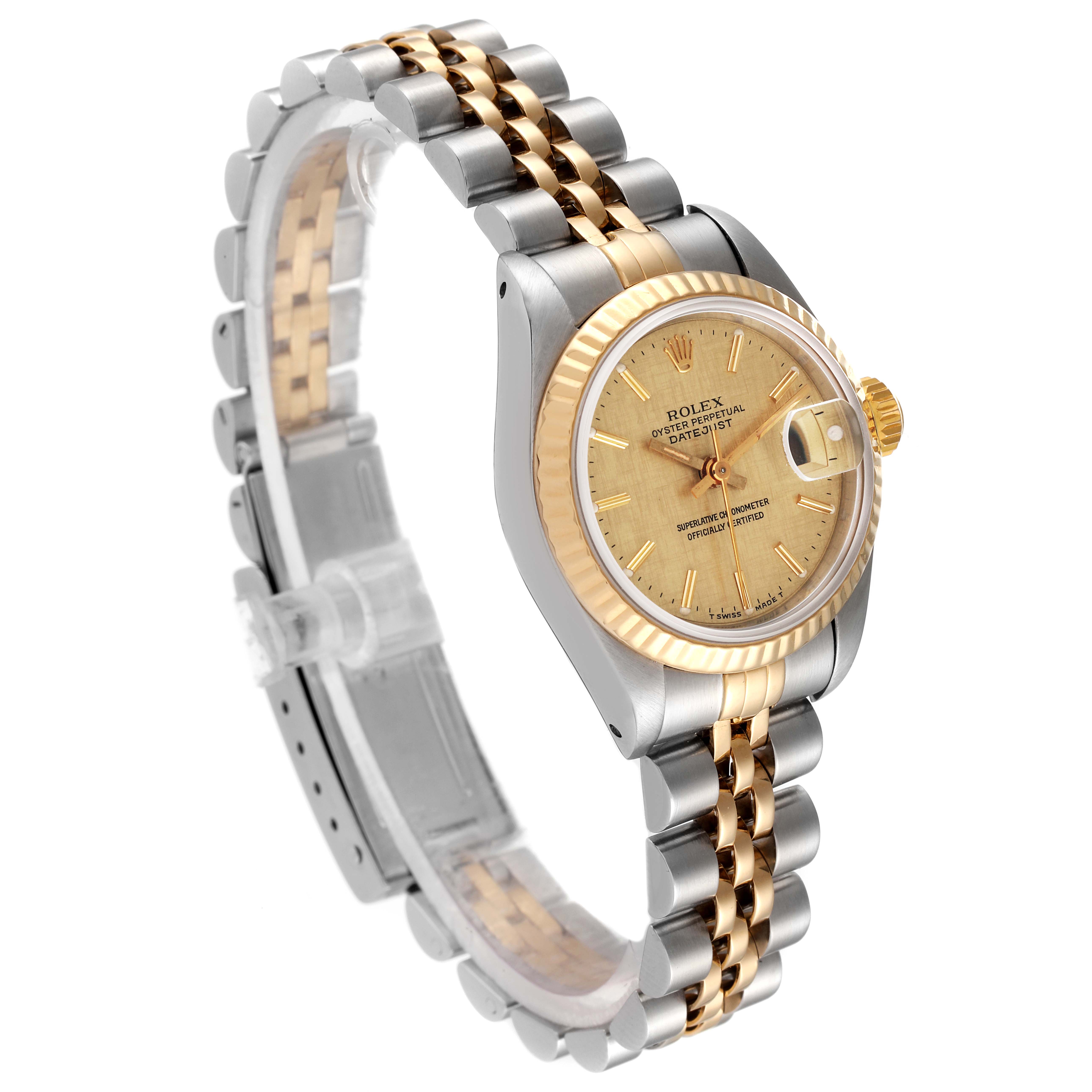 The image shows a three-quarter angle of a Rolex Datejust 69173 Women
s Steel and Gold (two tone) Champagne Dial 69173 Women
s Steel and Gold (two tone) Champagne Dial model, highlighting the dial, bezel, and bracelet.