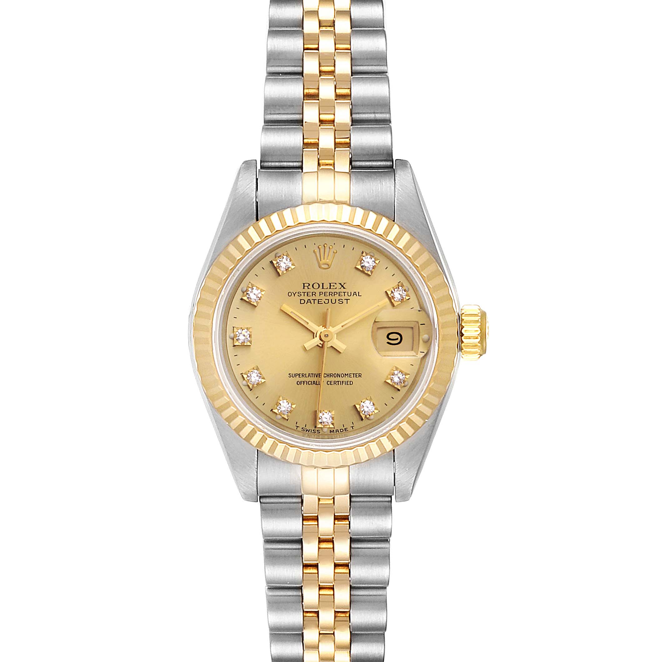 The image shows a top view of a Rolex Datejust 69173 Women
s Steel and Gold (two tone) Champagne Dial 69173 Women
s Steel and Gold (two tone) Champagne Dial watch, highlighting the dial, bezel, and two-tone bracelet.