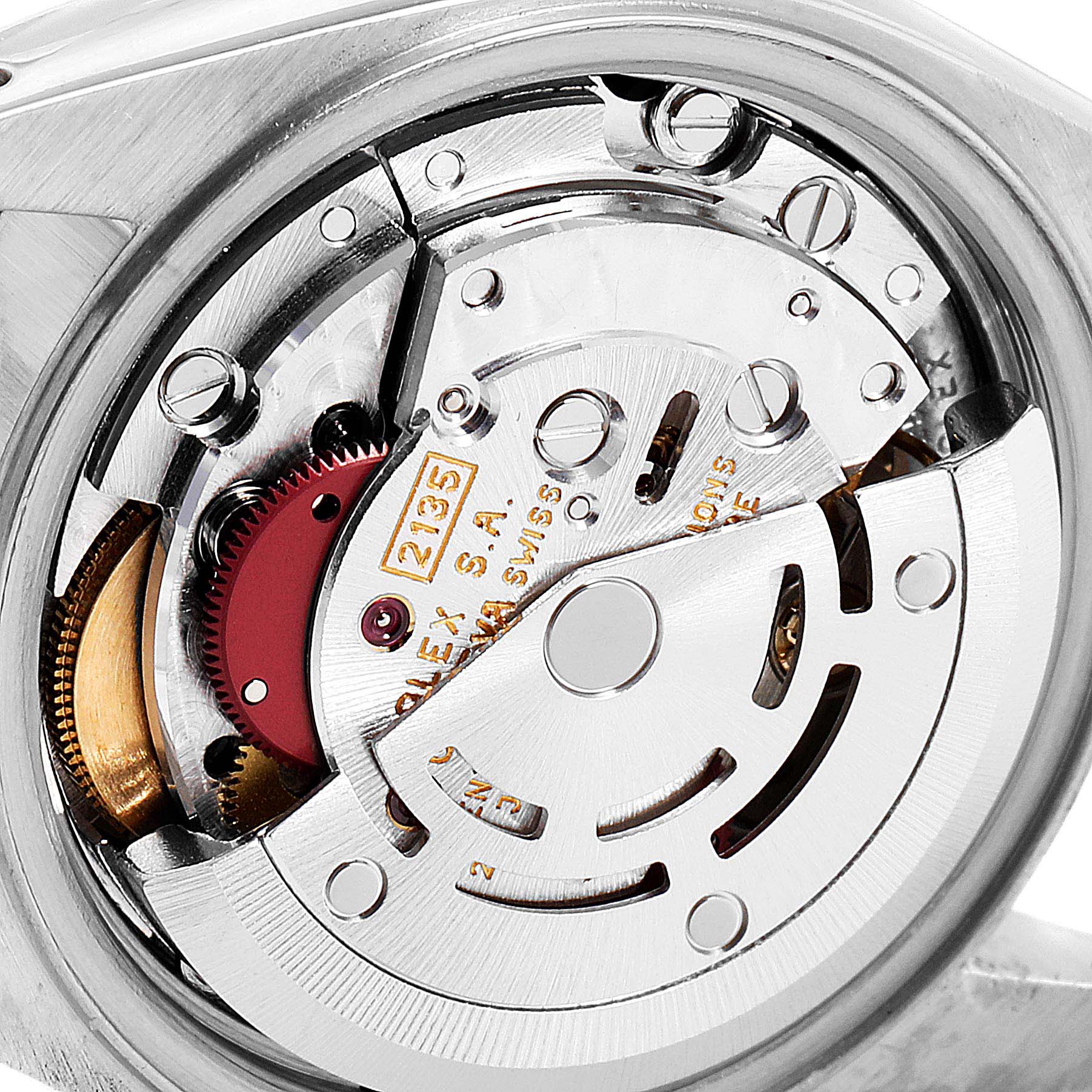This image shows a close-up view of the movement mechanism inside a Rolex Datejust 69173 Women
s Steel and Gold (two tone) Champagne Dial 69173 Women
s Steel and Gold (two tone) Champagne Dial watch.