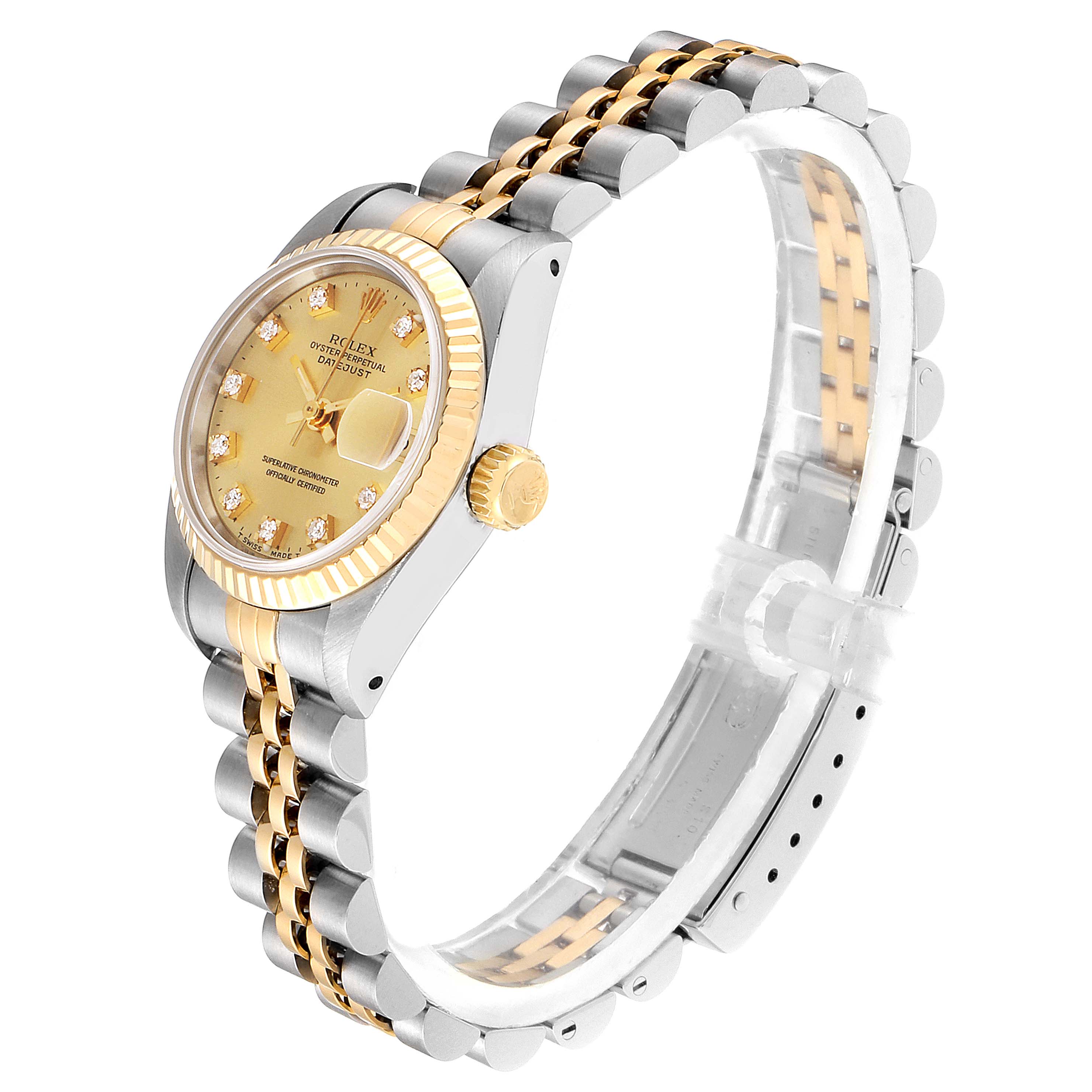 The image shows a Rolex Datejust 69173 Women
s Steel and Gold (two tone) Champagne Dial 69173 Women
s Steel and Gold (two tone) Champagne Dial watch angled to display its 18K gold dial, bezel, and two-tone bracelet.